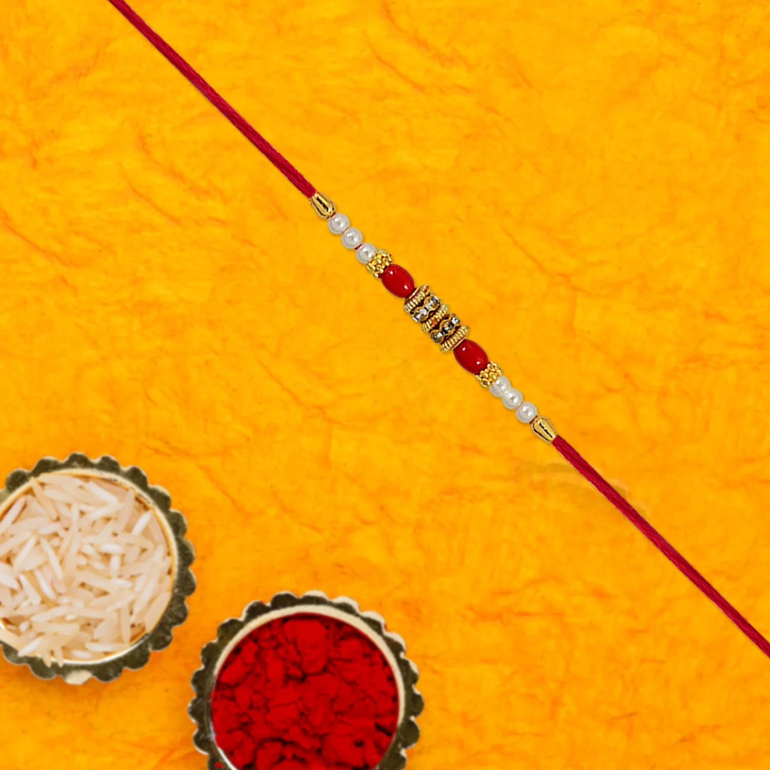 Pearl Beaded Rakhi – Traditional Red & Gold Elegance - Image 2
