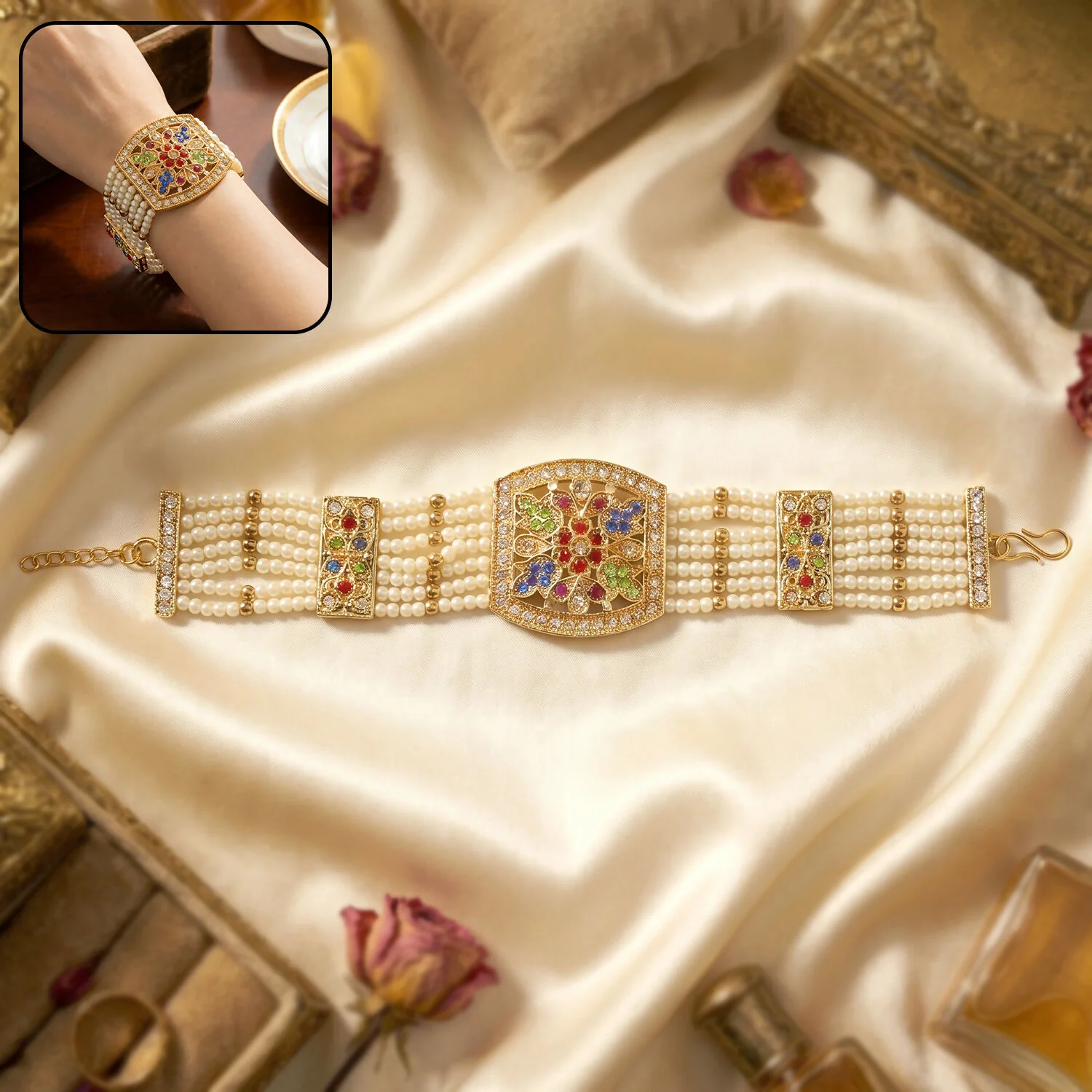 Traditional Pearl Bracelet – Intricate Gold Design & Vibrant Stones