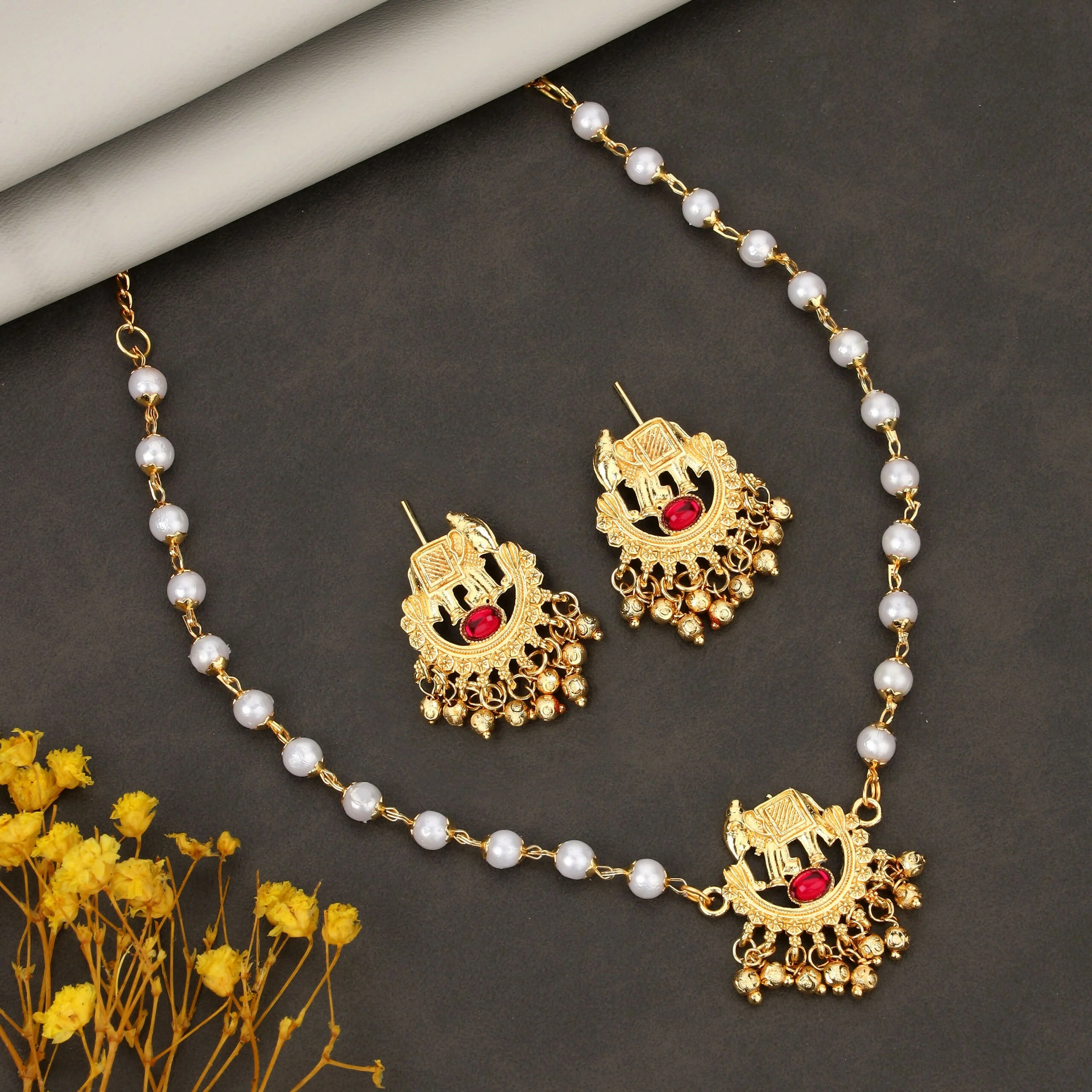 Elephant Charm Pearl Necklace Set – Traditional Ruby Red Accent