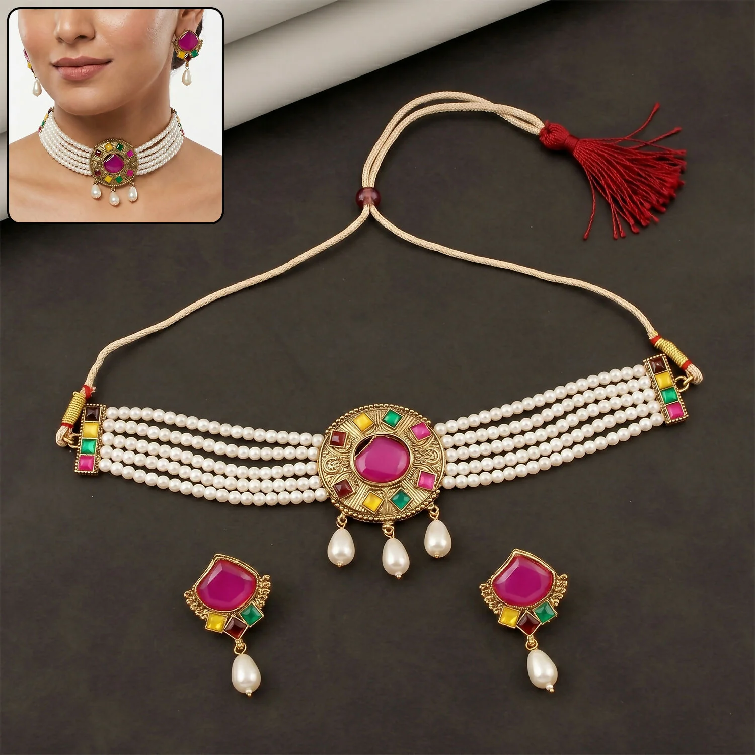 Traditional Pink Stone Pearl Choker – Elegant Festive Jewelry for Women