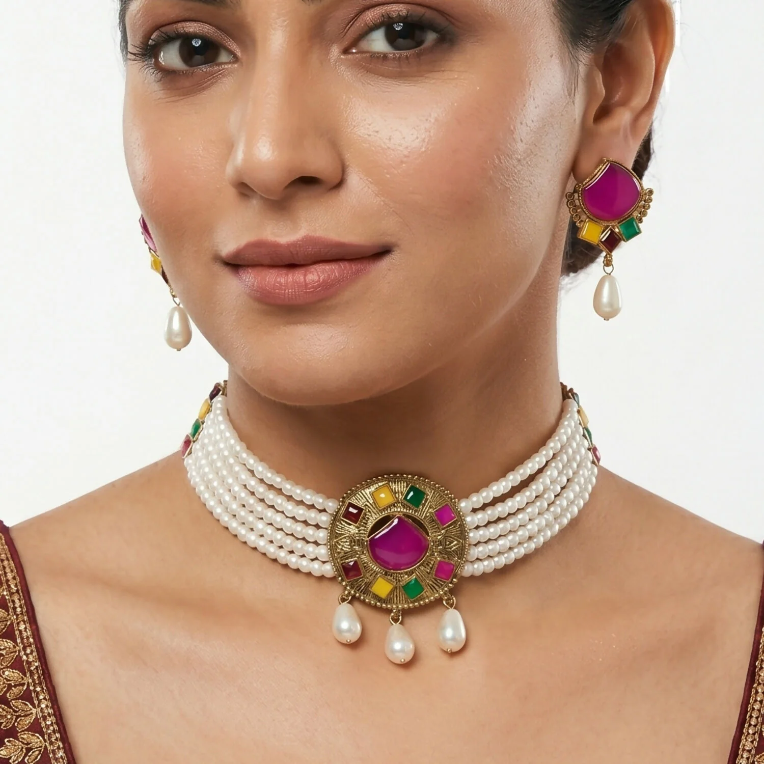 Traditional Pink Stone Pearl Choker – Elegant Festive Jewelry for Women - Image 2