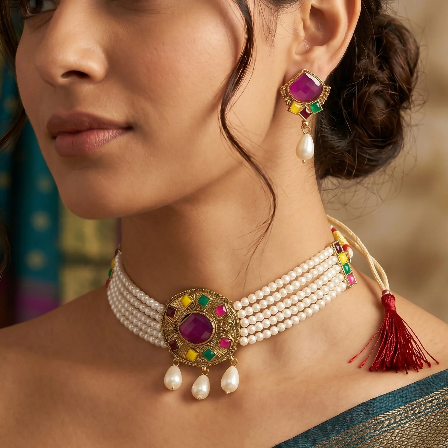 Traditional Purple Stone Pearl Choker Necklace Set – Elegant Ethnic Jewelry - Image 3
