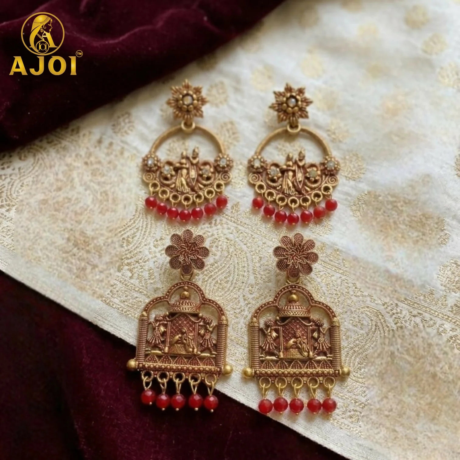 Traditional Radha Krishna Temple Earrings, Elegant Red Bead Danglers - Image 4
