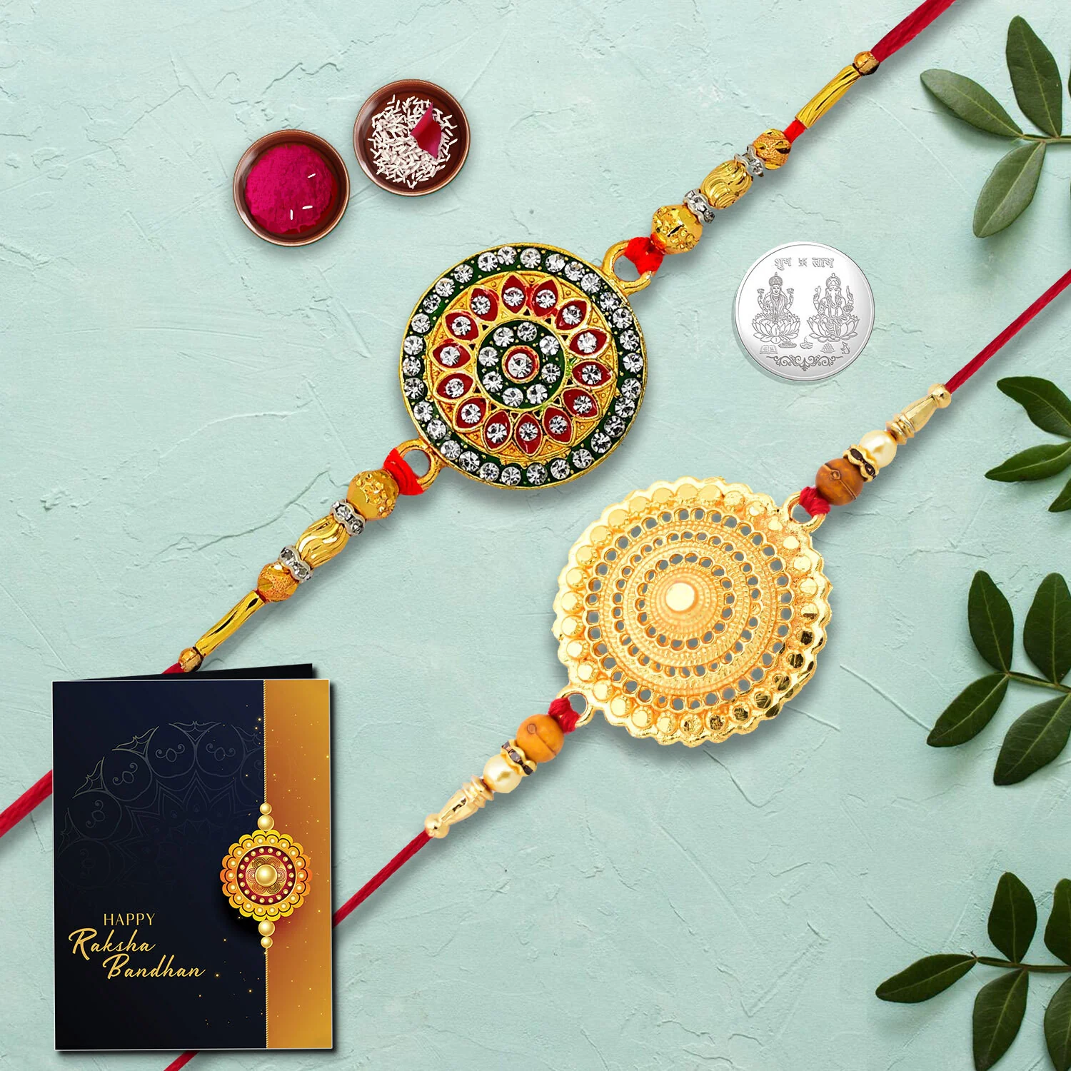 Traditional Rakhi Combo Set – Silver Coin & Greeting Card – Raksha Bandhan Gift Combo