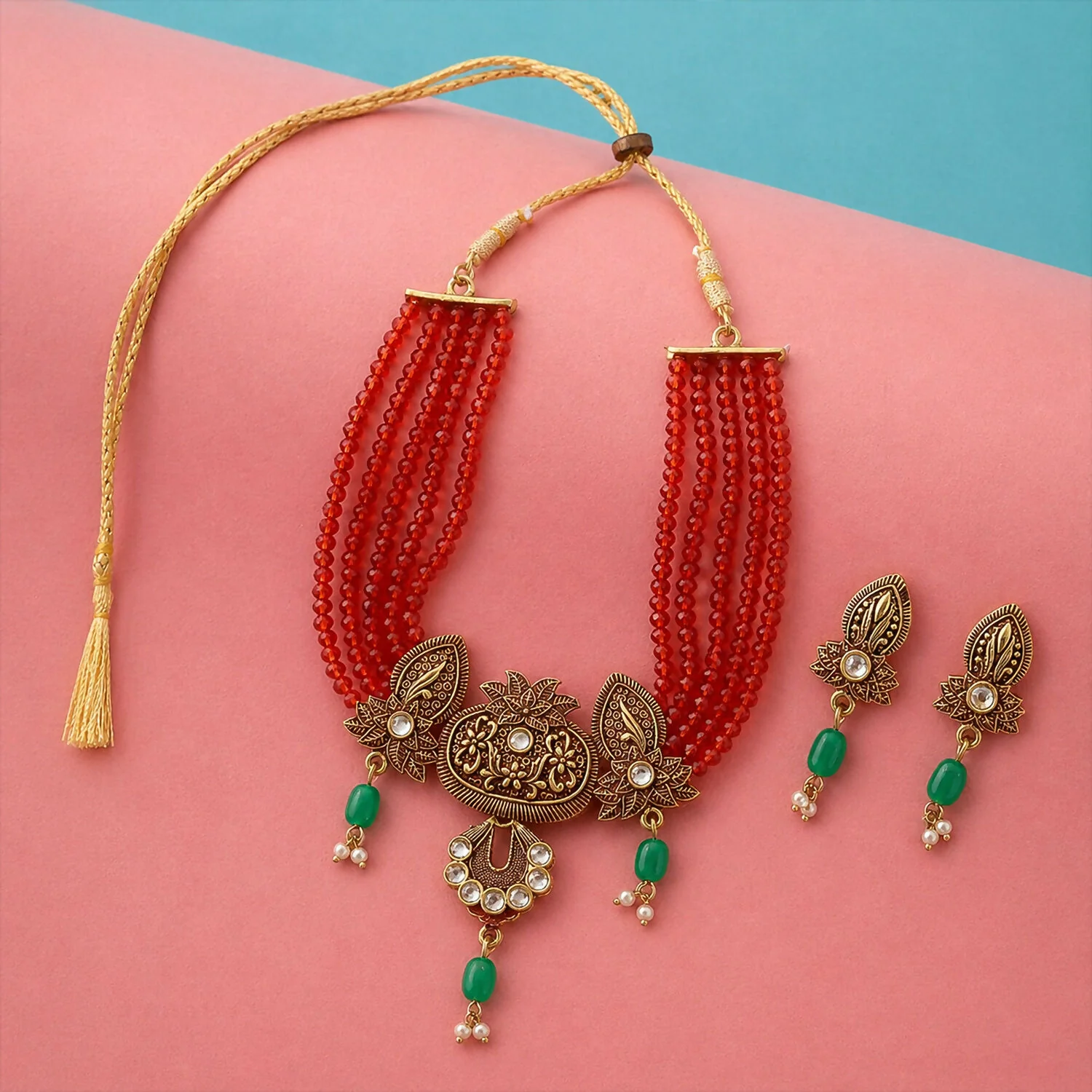 Red Beaded Ethnic Necklace Set – Adjustable Thread for Festival Wear - Image 3