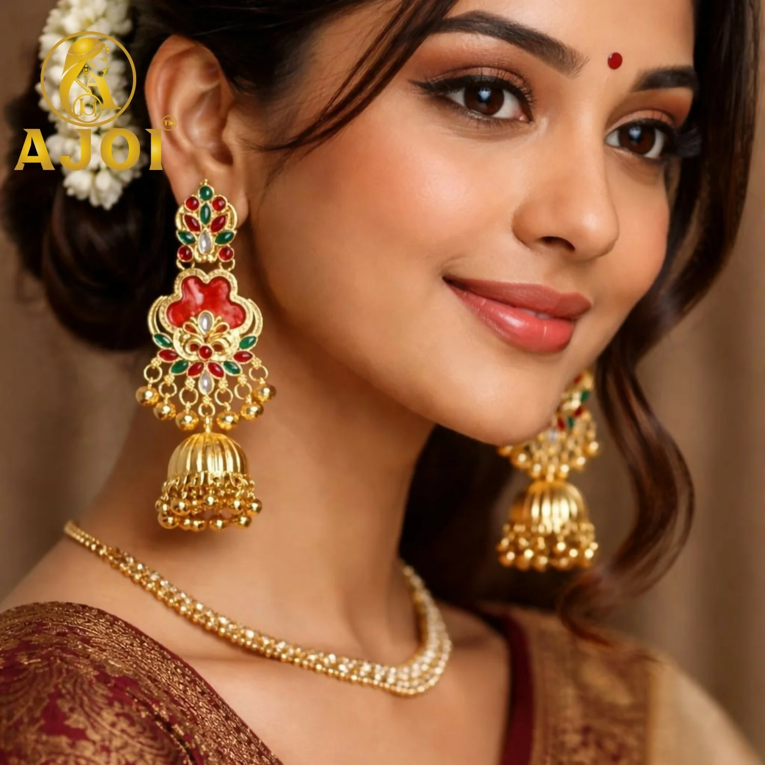Traditional Red Stone Jhumka Earrings – Ethnic Jewelry for Women - Image 2