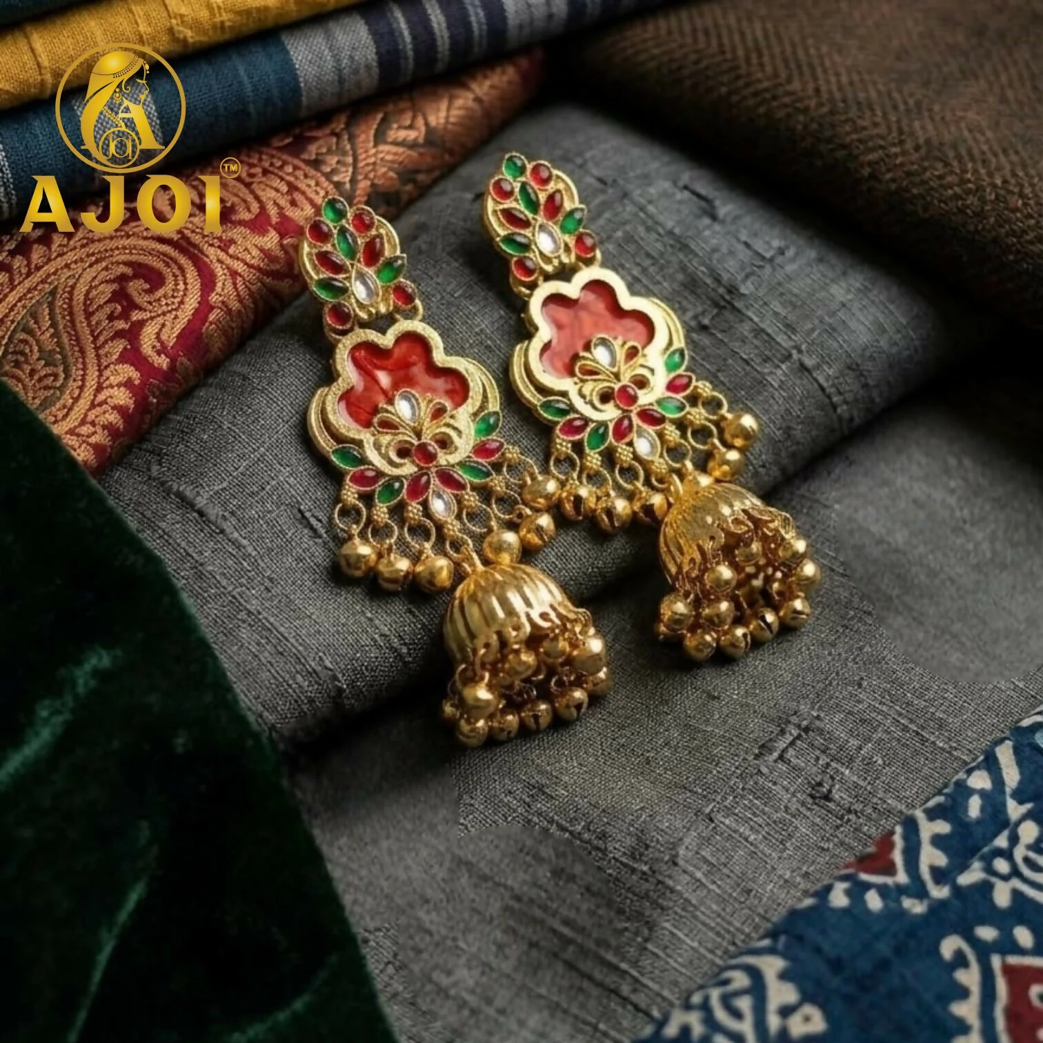 Traditional Red Stone Jhumka Earrings – Ethnic Jewelry for Women - Image 3