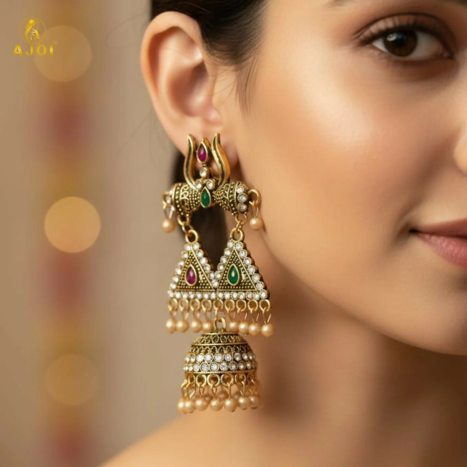 Shiv Trishul Jhumka Earrings – Antique Gold with Stone Work - Image 2