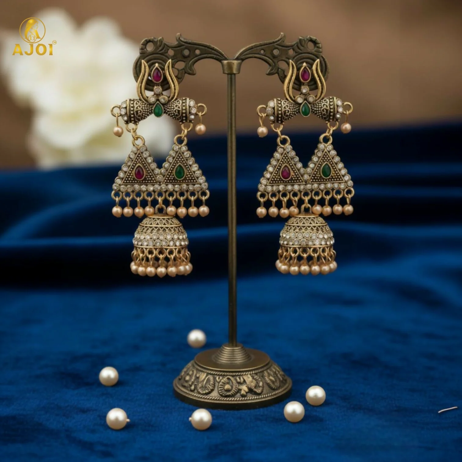 Shiv Trishul Jhumka Earrings – Antique Gold with Stone Work - Image 3