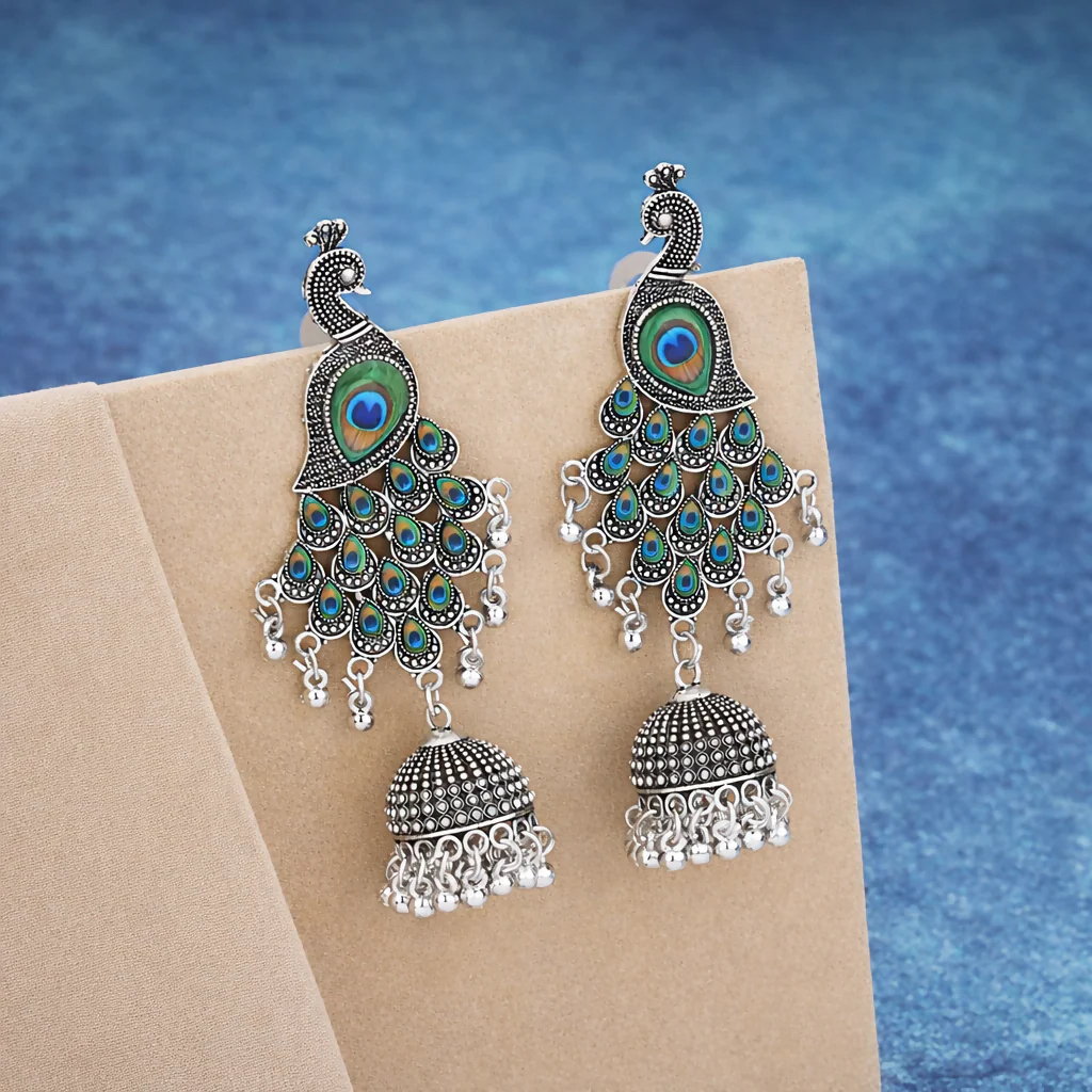 Peacock Jhumka Earrings – Premium Oxidised Silver Ethnic Design - Image 3