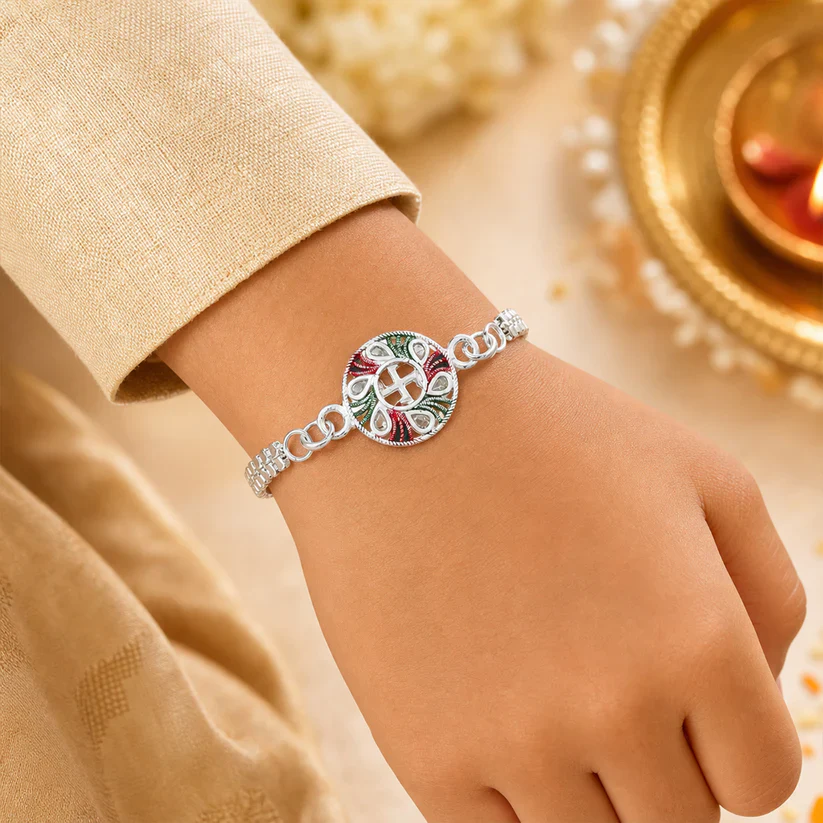 Swastik Rakhi – Tricolor Enamel Silver Chain for Brother - Image 3