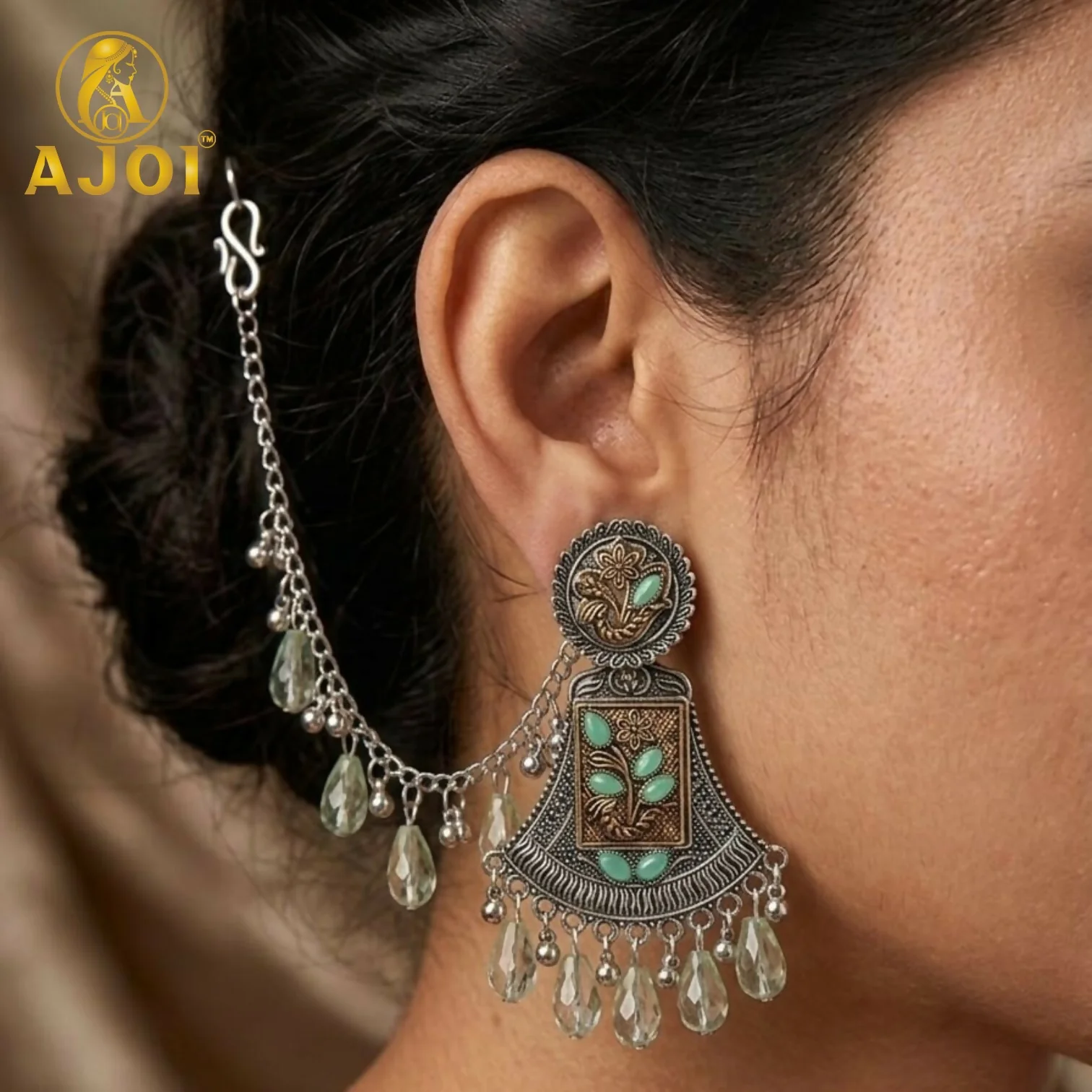 Oxidised Floral Chandbali Earrings – Elegant Mint Drops - Image 2