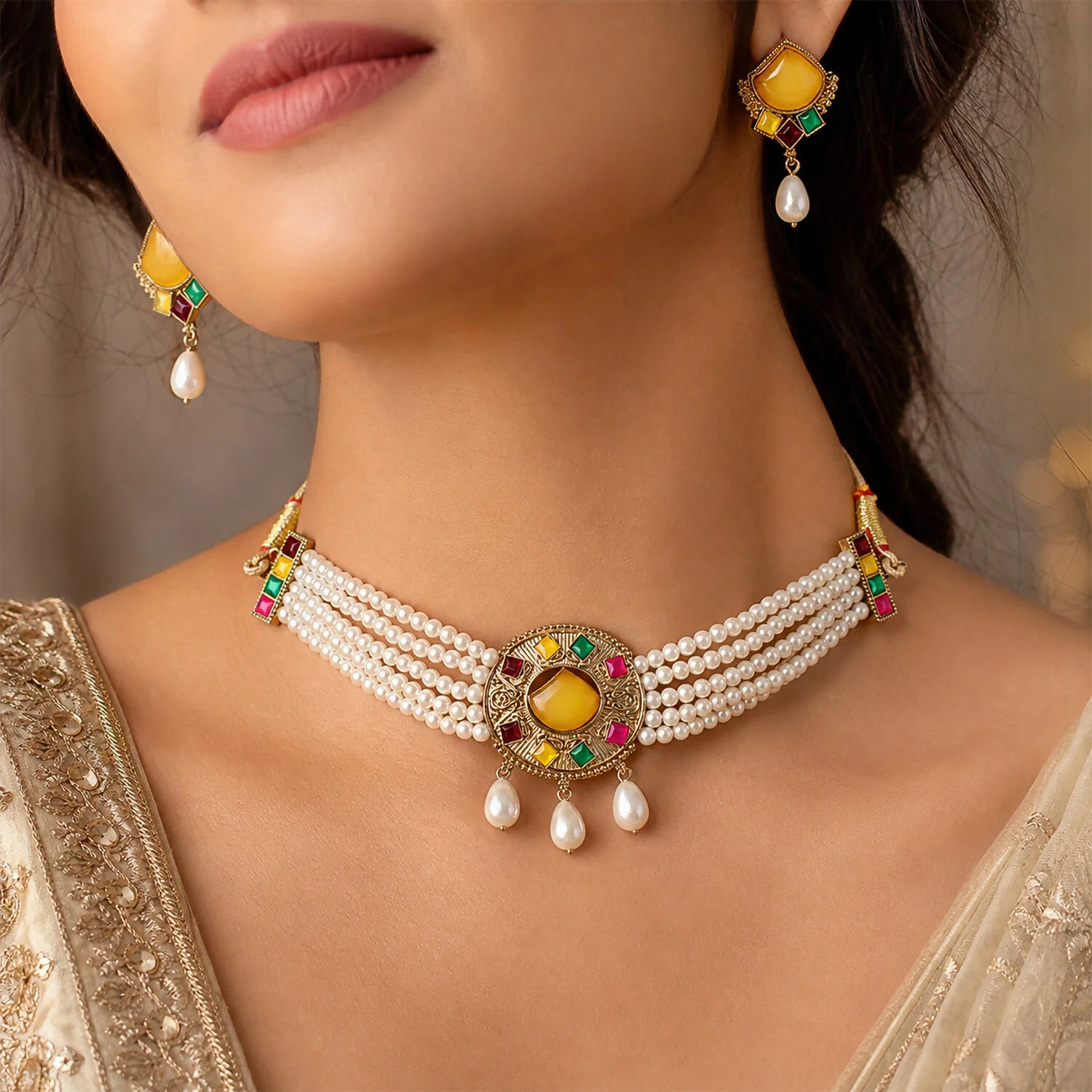 Traditional Yellow Stone Pearl Choker – Elegant Festive Jewelry - Image 2