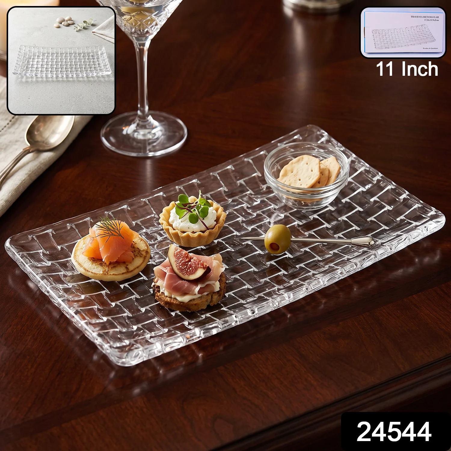 Transparent Glass Serving Tray 11 Inch Rectangular Basketweave Platter (1 Pc) - Image 2