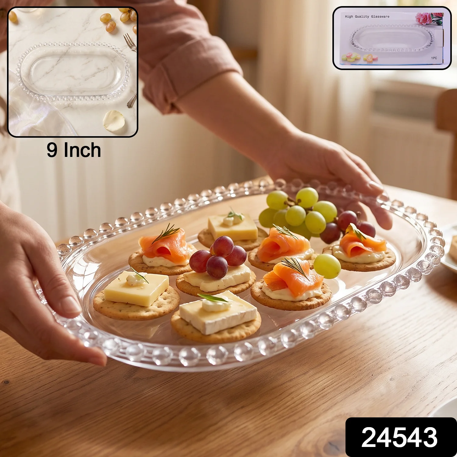 Transparent Glass Serving Tray 9 Inch Oval Beaded Edge Platter for Snacks (1 Pc) - Image 2