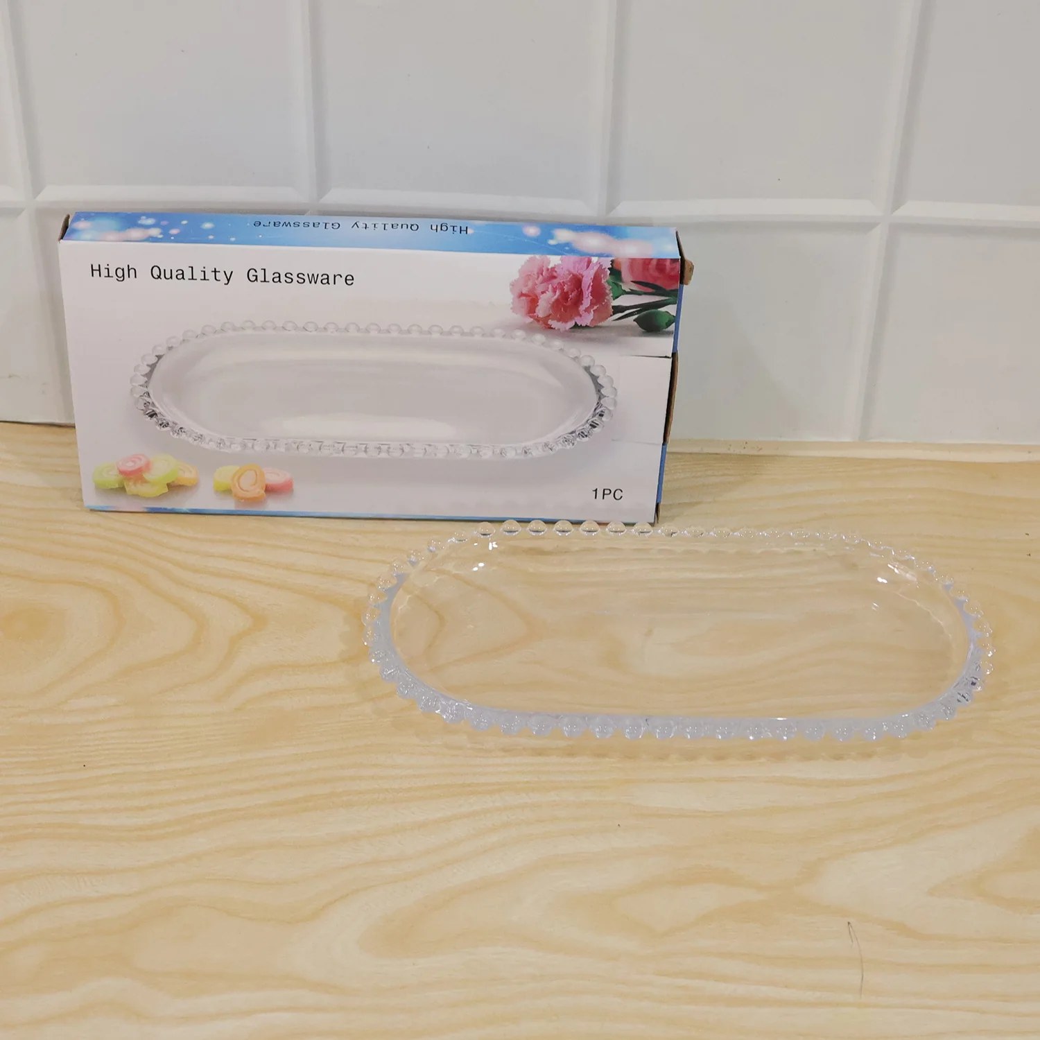 Transparent Glass Serving Tray 9 Inch Oval Beaded Edge Platter for Snacks (1 Pc) - Image 9