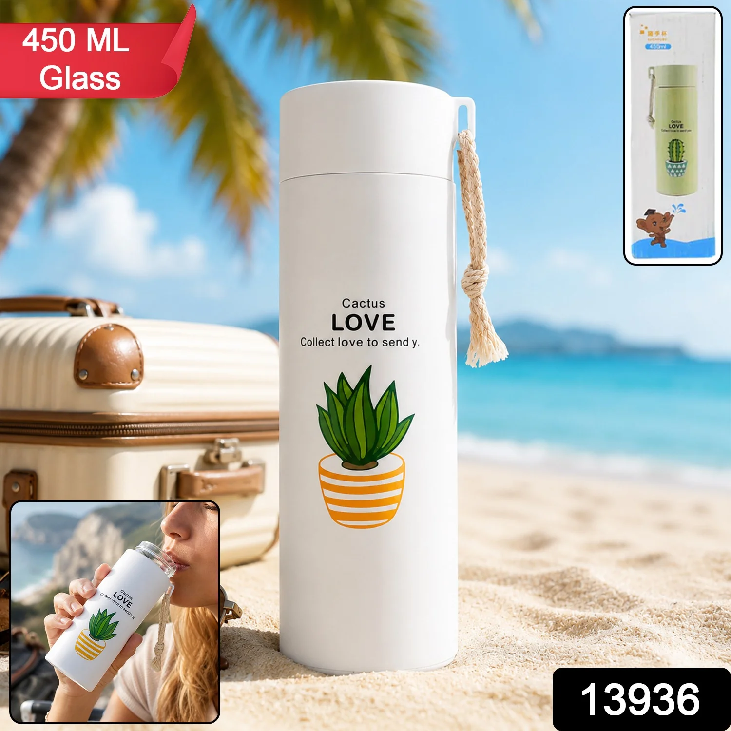 Glass Water Bottle – 450ml Borosilicate Leakproof with Bamboo Lid - Image 2