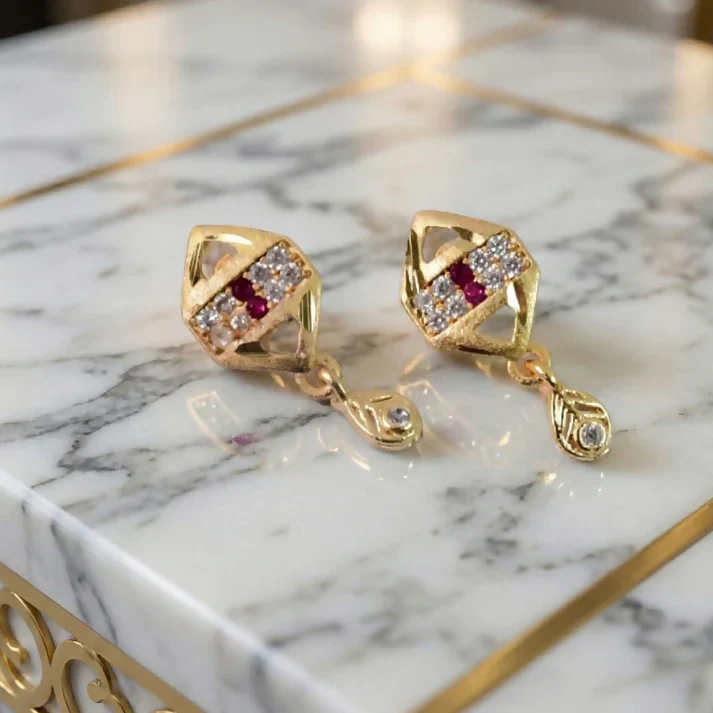 Gold Geometric Earrings – Elegant Sparkling Stones with Drop Charm - Image 3