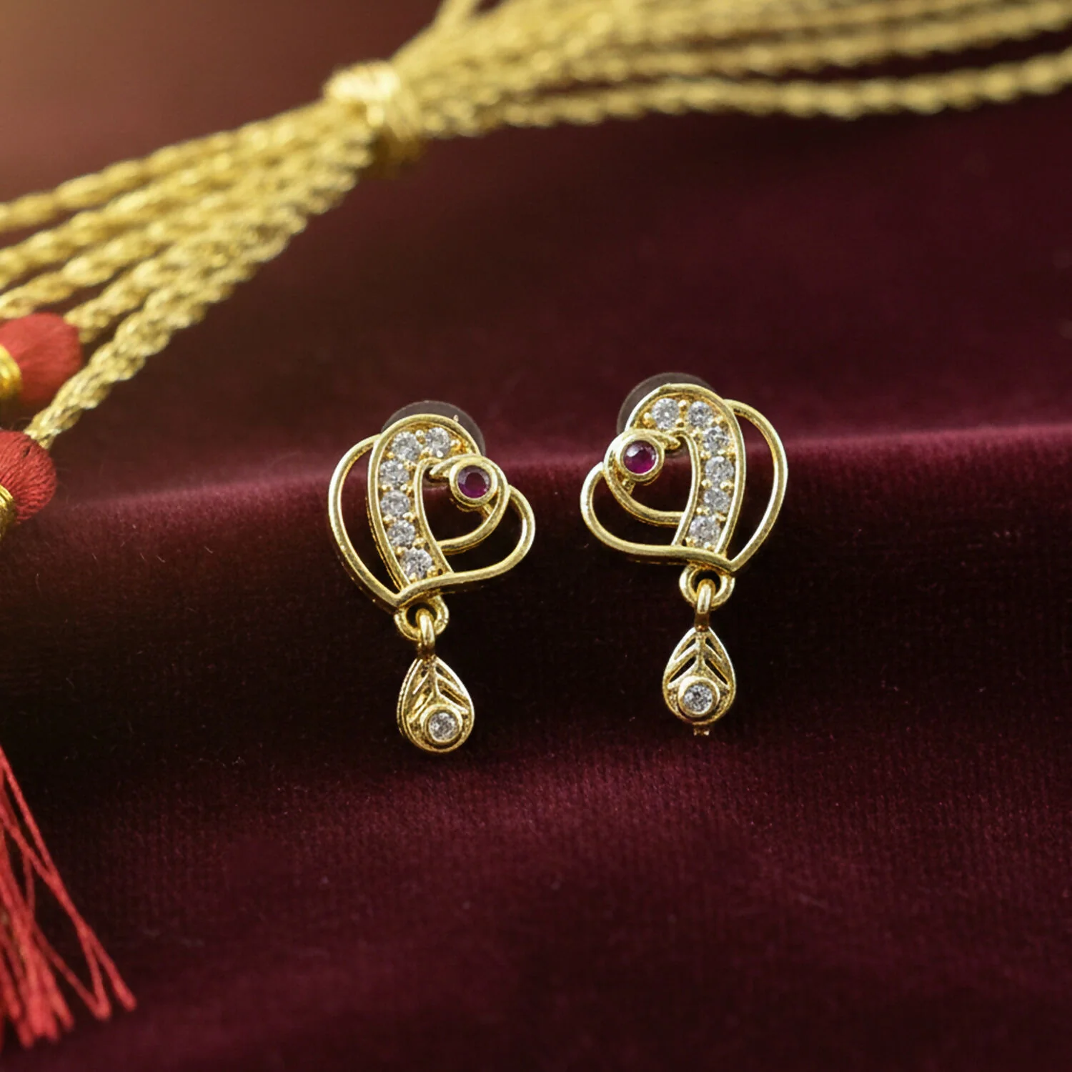 Geometric Gold Earrings with Sparkling Stones – Elegant Drop Charm - Image 2