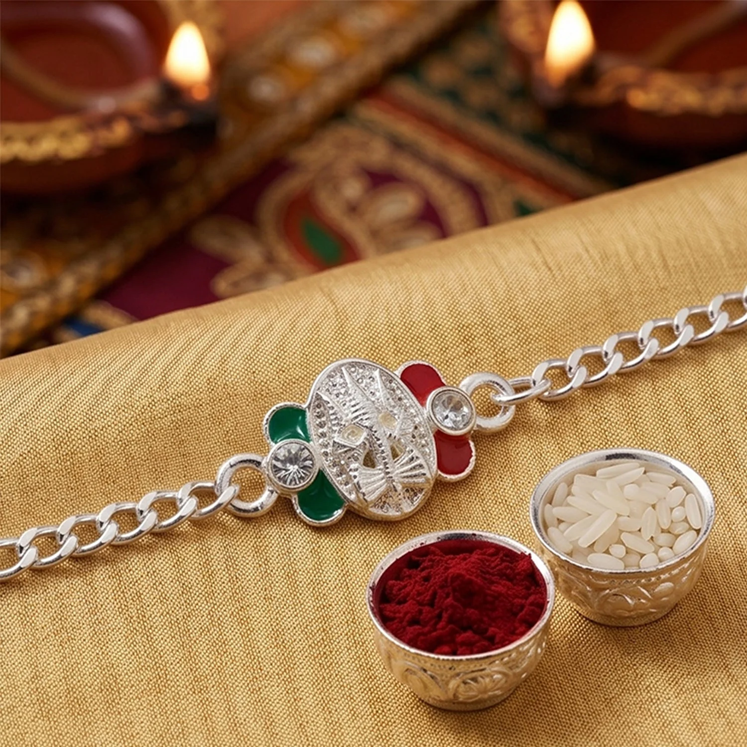 Trishul Motif Meenakari Stone Studded Designer Chain Rakhi for Brother - Image 2