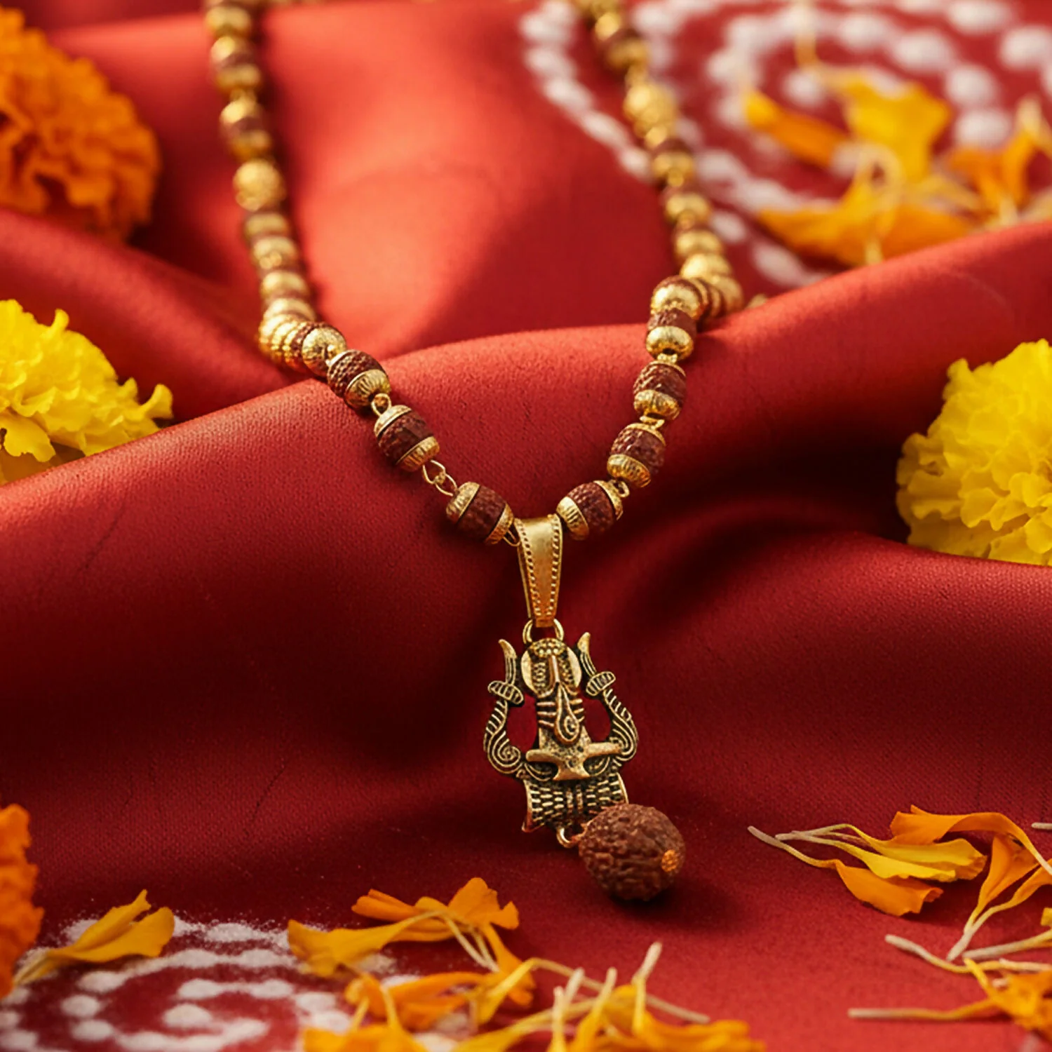 Gold Pendant Rudraksha Mala – Spiritual Trishul Shivling Necklace - Image 2