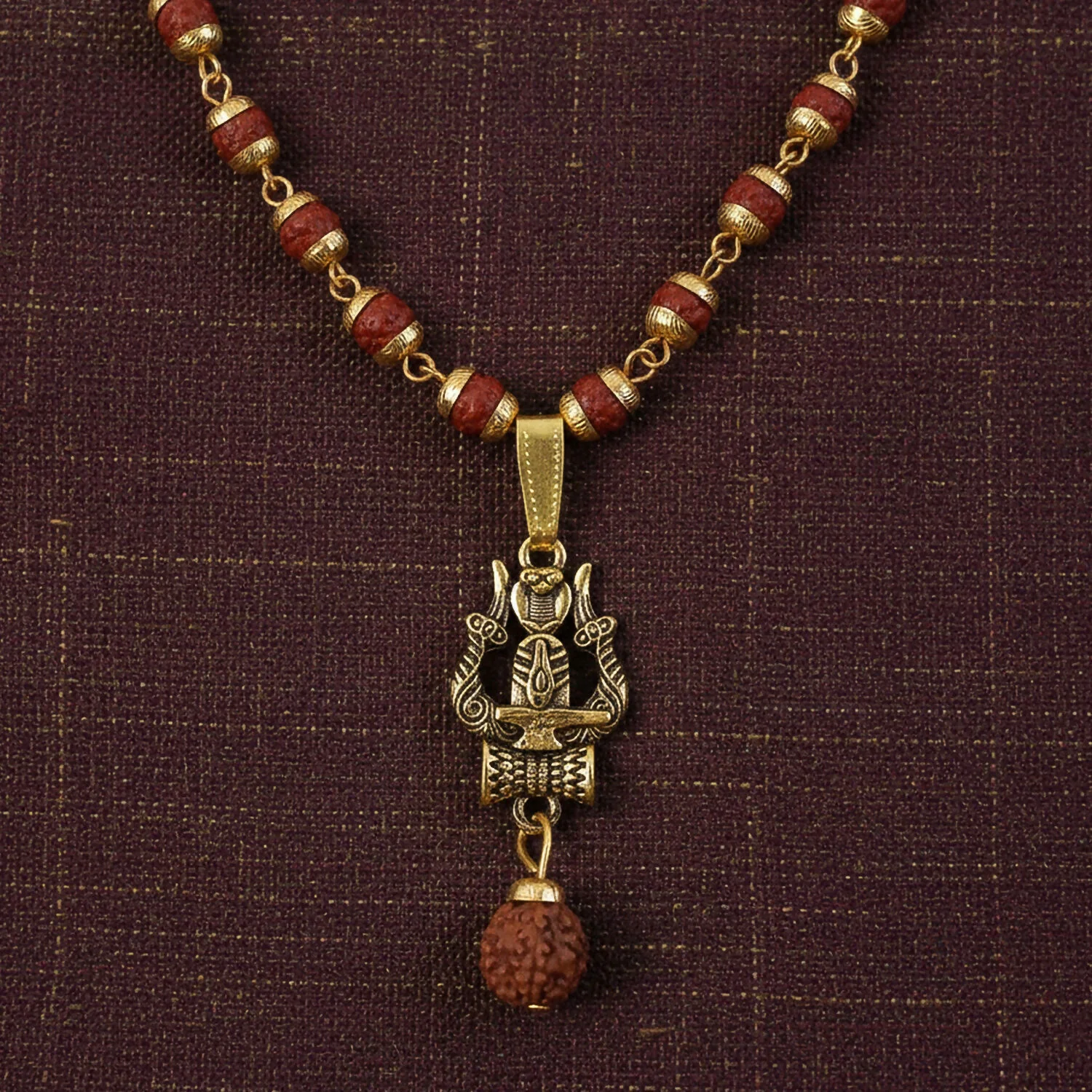 Gold Pendant Rudraksha Mala – Spiritual Trishul Shivling Necklace - Image 3