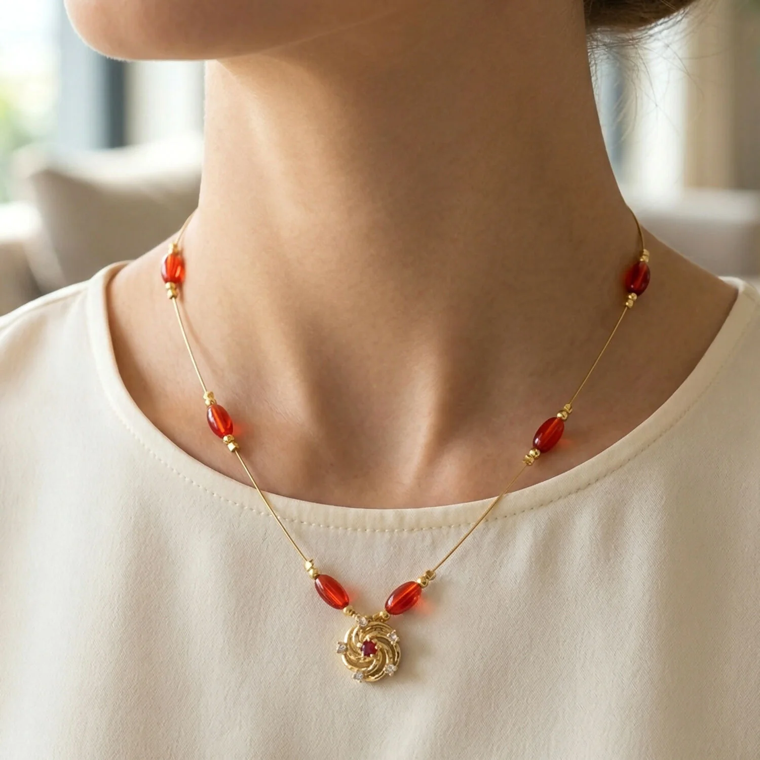 Gold Necklace – Traditional layered design with colorful beads - Image 5