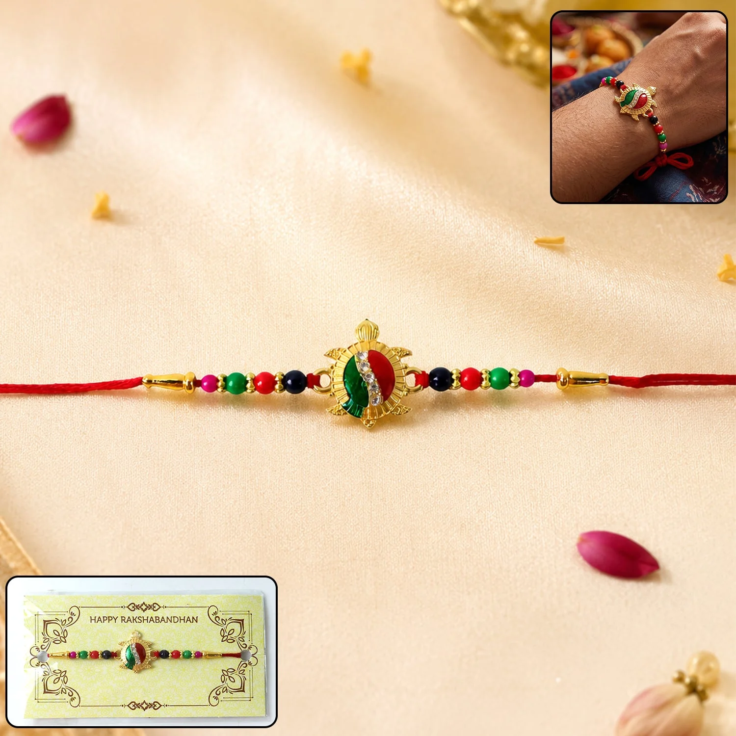 Rakhi – Elegant Turtle Design with Stone Work & Red Thread