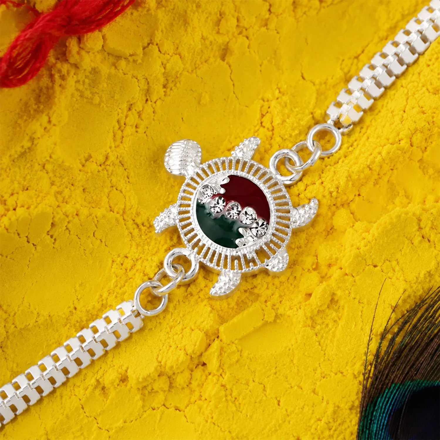 Turtle Rakhi – Red Green Enamel with Silver Metal Chain