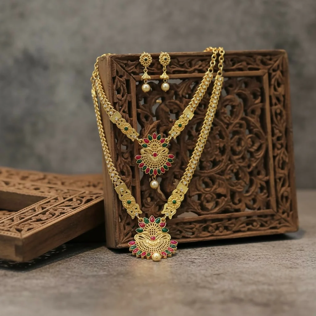 Two Layered Gold Plated Necklace Set for Women & Girls Traditional Jewellery Design - Image 4