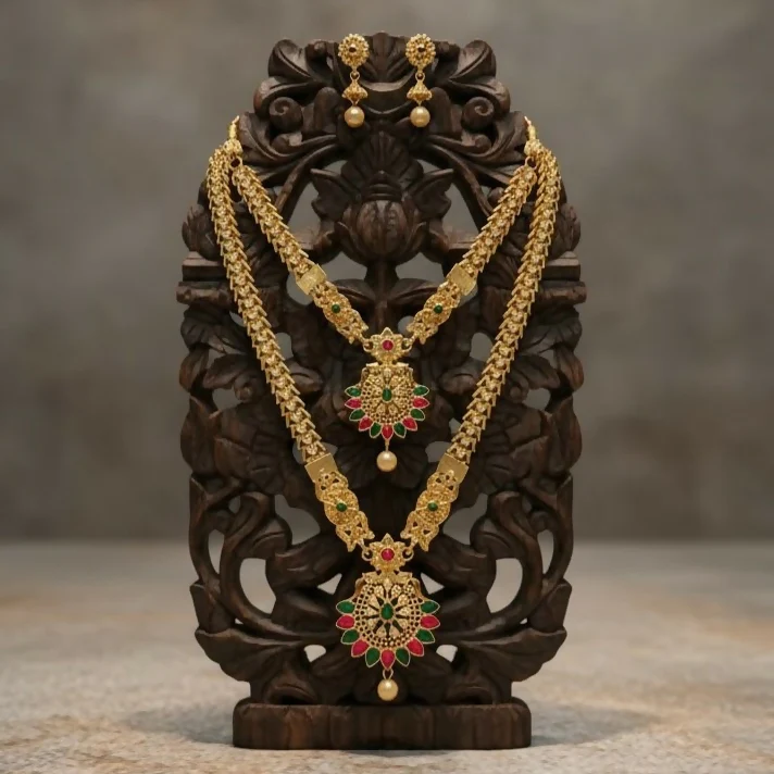 Two Layered Temple Jewellery Necklace Set for Girls and Women - Image 2