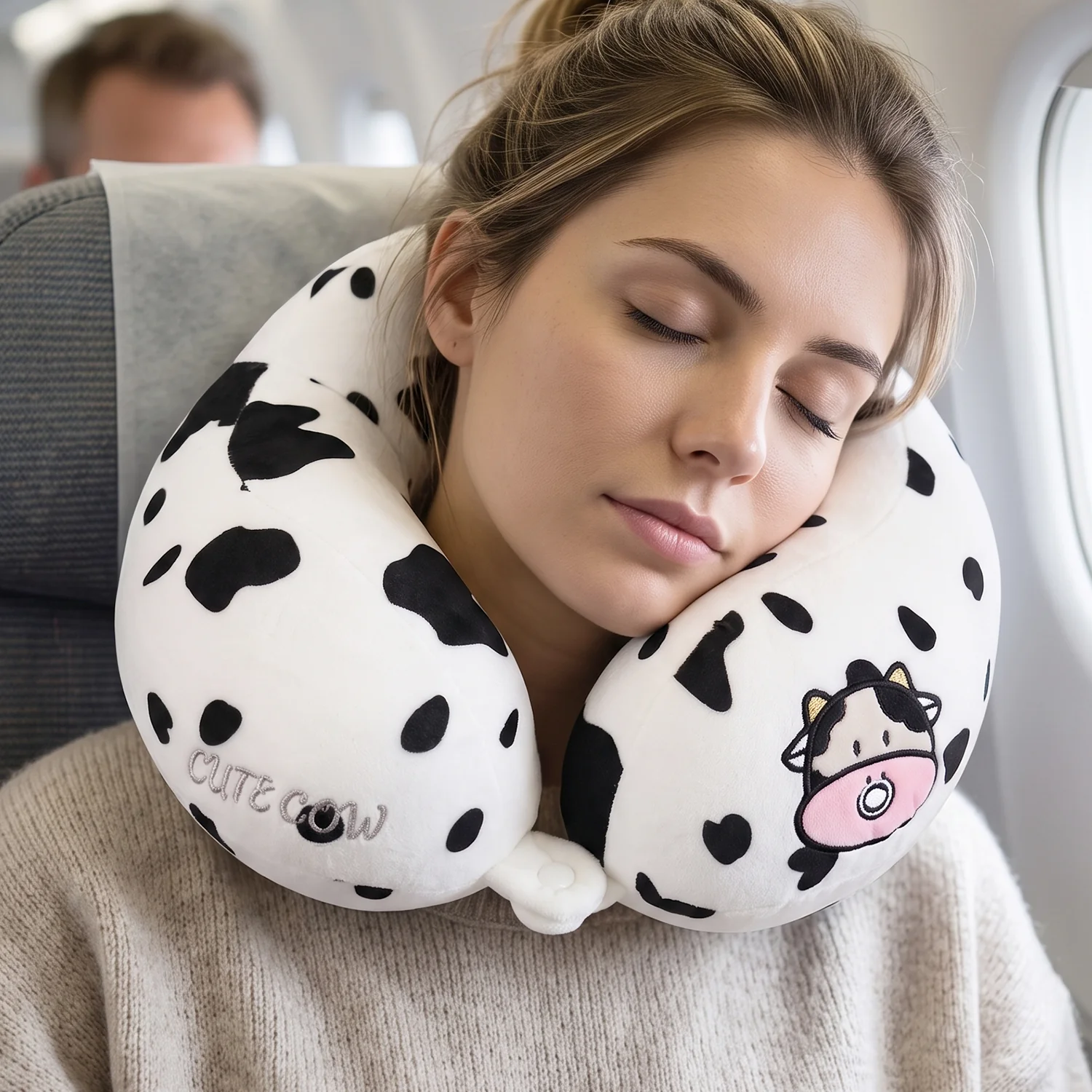 U-Shaped Travel Neck Pillow, Cute Cow Print Soft Plush Pillow for Travel (1 Pc) - Image 3