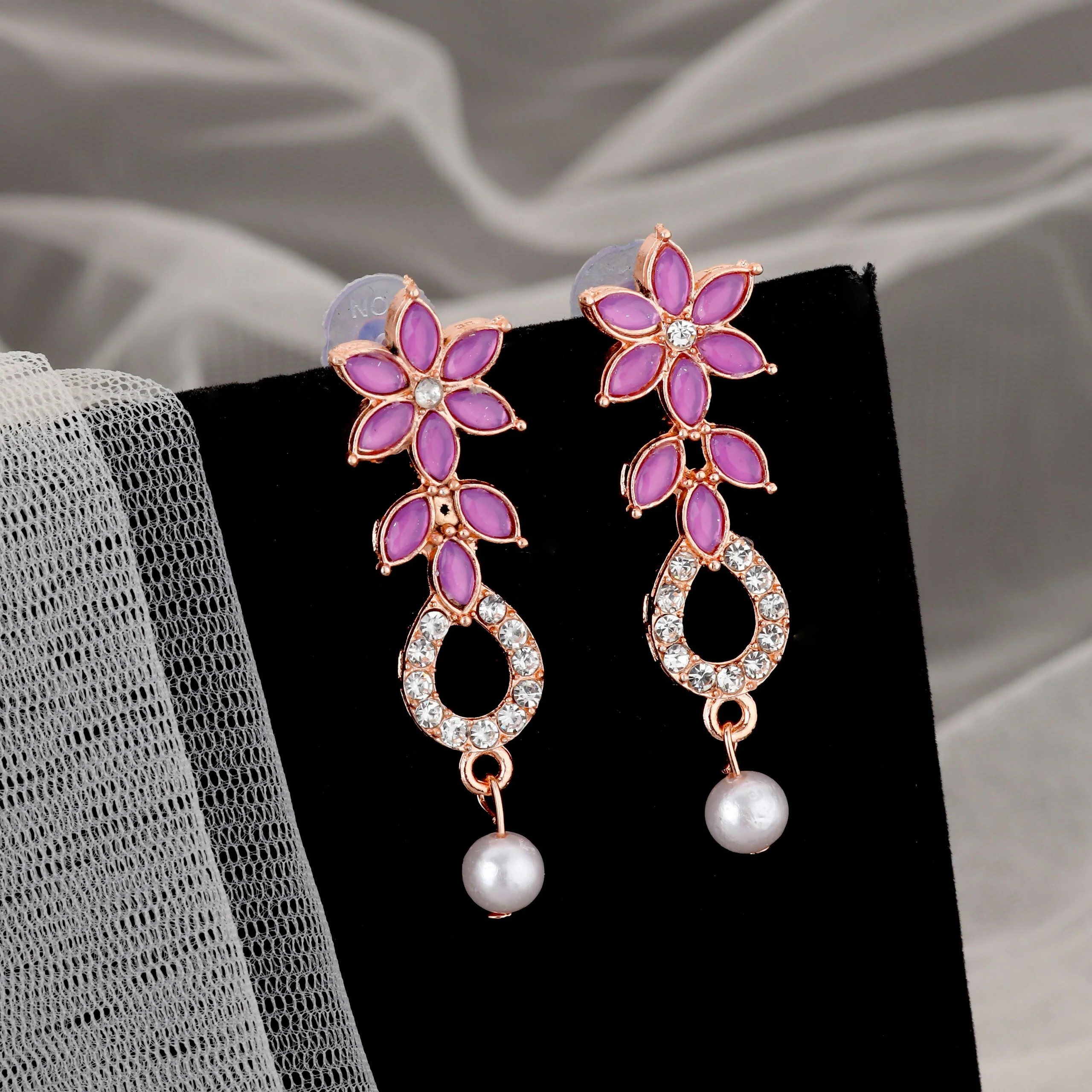 Rose Gold Plated Magenta Stone Necklace Set with Pearl Drop - Image 2