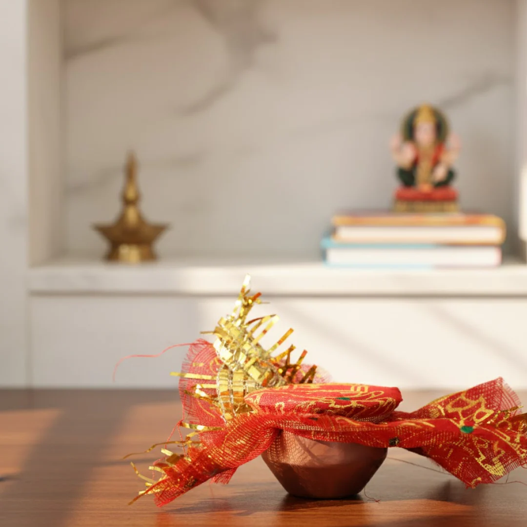 Mini Kalash Pooja Set – Decorative Copper-Style with Cloth Cover - Image 3