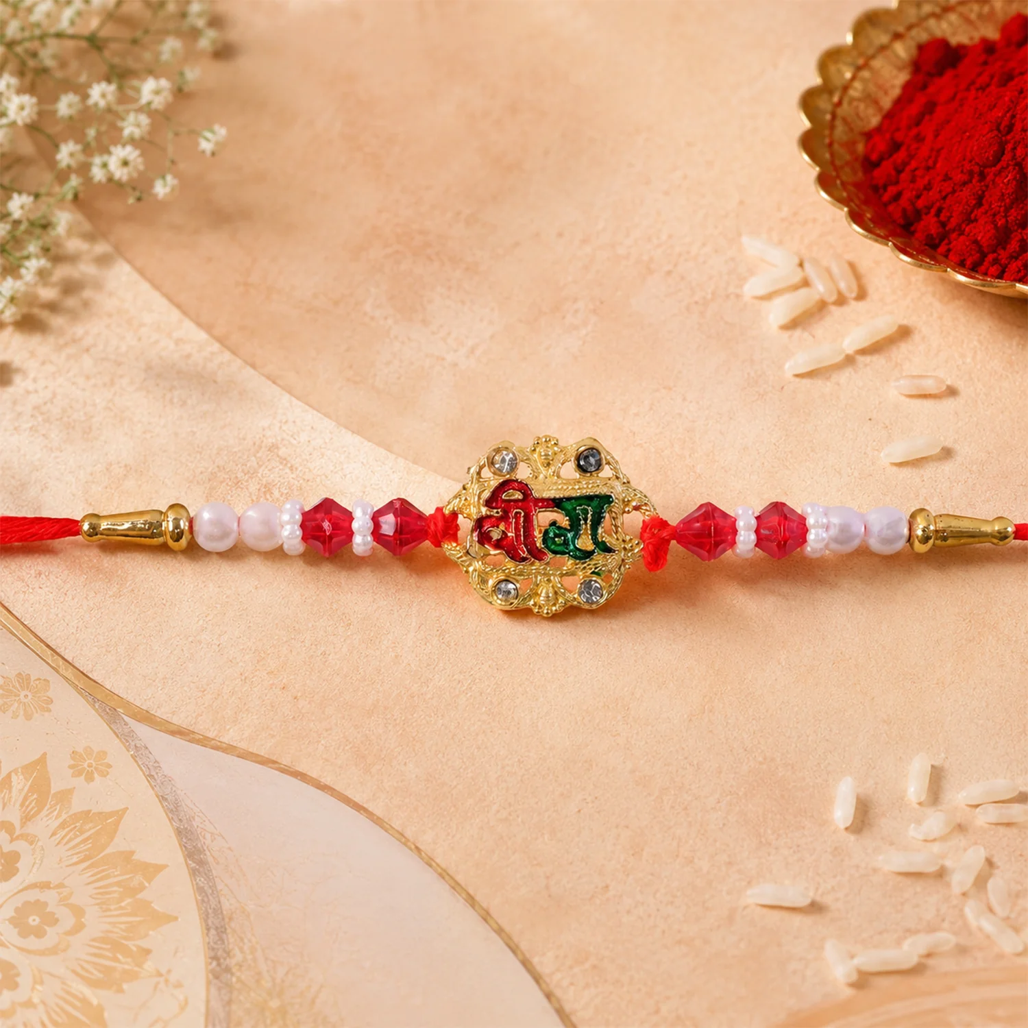 Veera Rakhi with Rudraksha, Elegant Stone Studded Design - Image 3