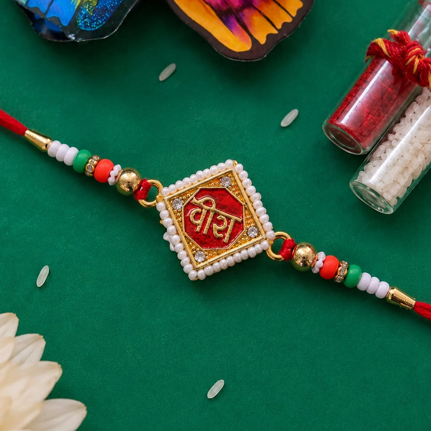 Veera Text Square Frame Premium Designer Beaded Rakhi for Brother - Image 2