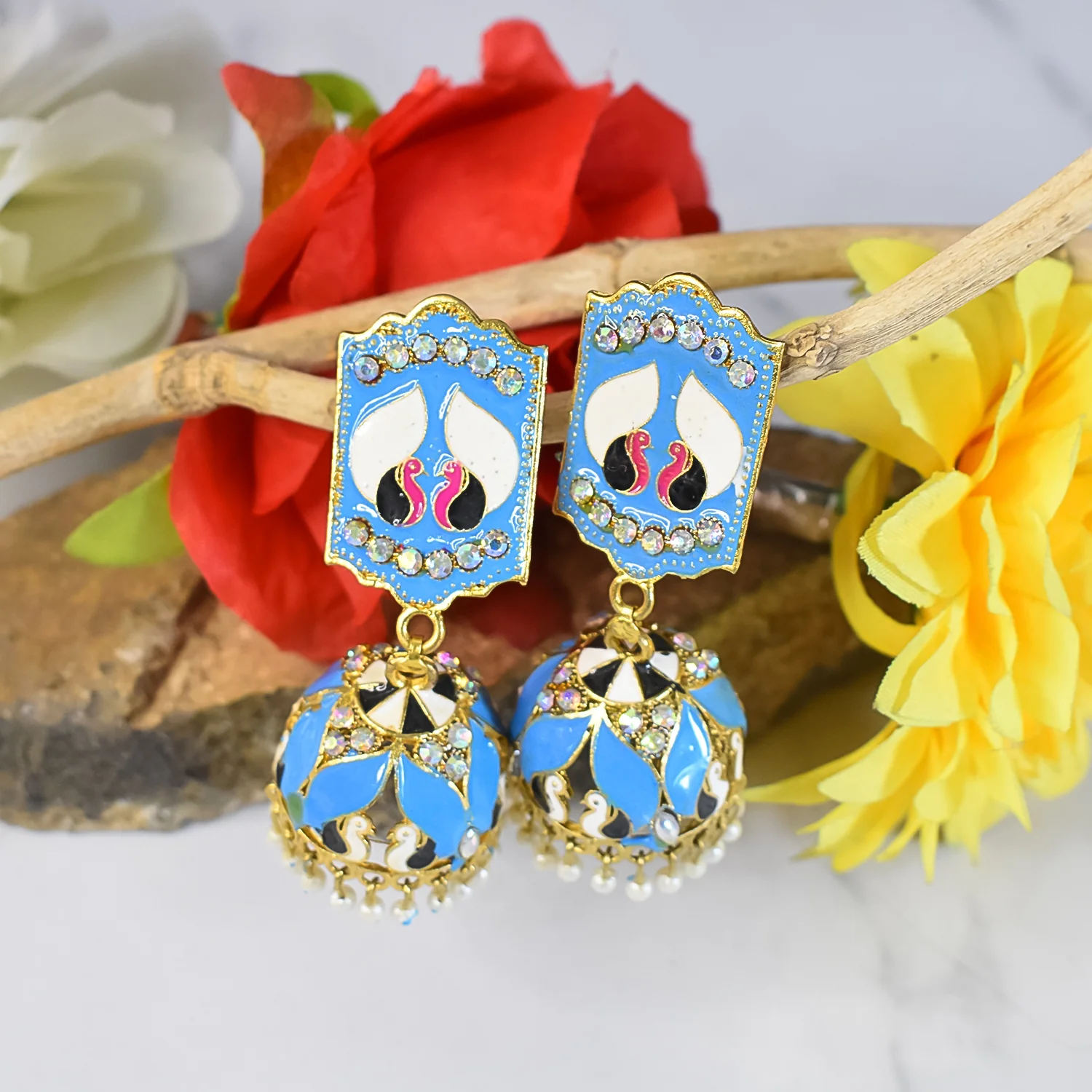 Blue Jumka Earrings – Vibrant New Design with Elegant Detailing | BBJ - Image 3