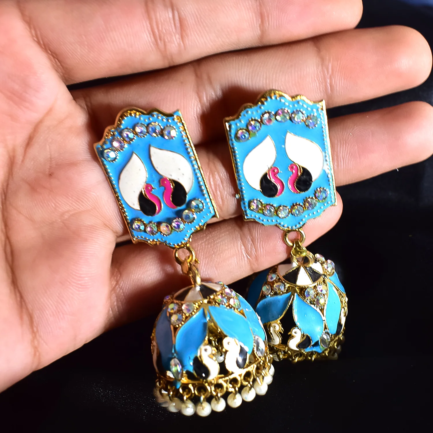 Blue Jumka Earrings – Vibrant New Design with Elegant Detailing | BBJ - Image 5
