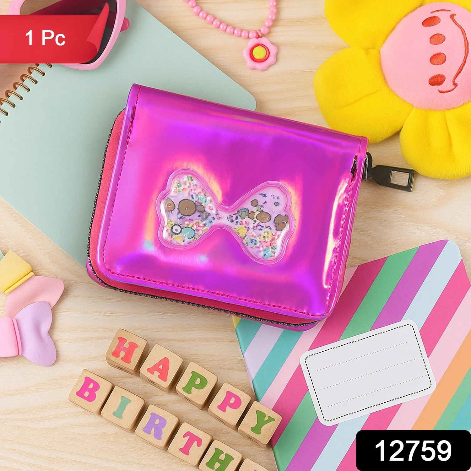 Kids Wallet – Vibrant Holographic Zip Closure with Glitter Bow - Image 2