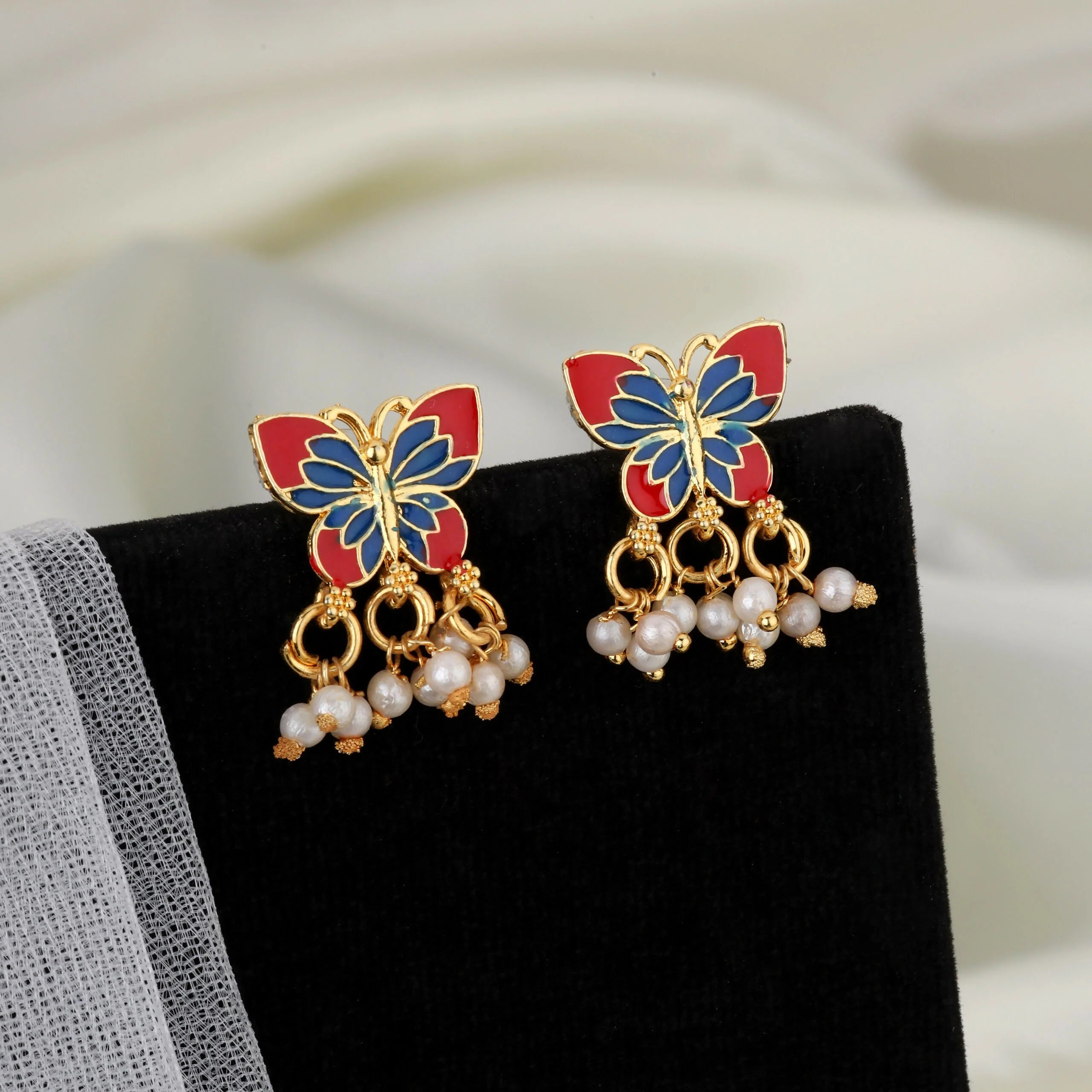 Butterfly Choker Set – Vibrant Red & Blue Enamel with Pearls - Image 2