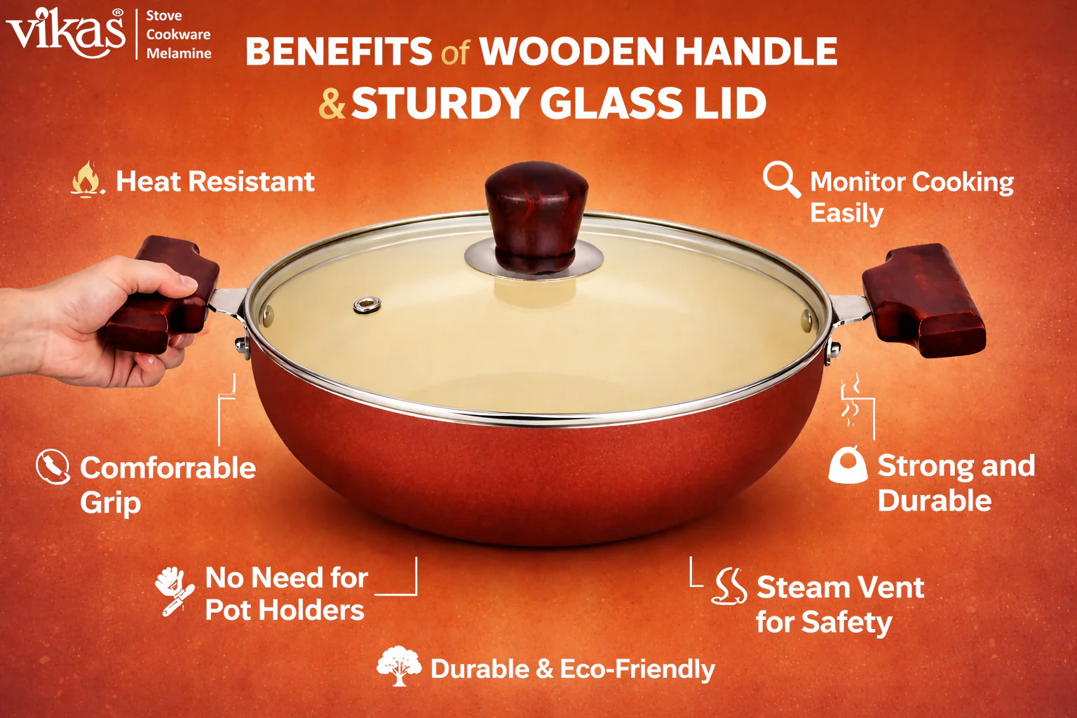 Vikas Ceramic Deep Kadai – Non-Stick & Wooden Handles for Versatile Cooking - Image 4