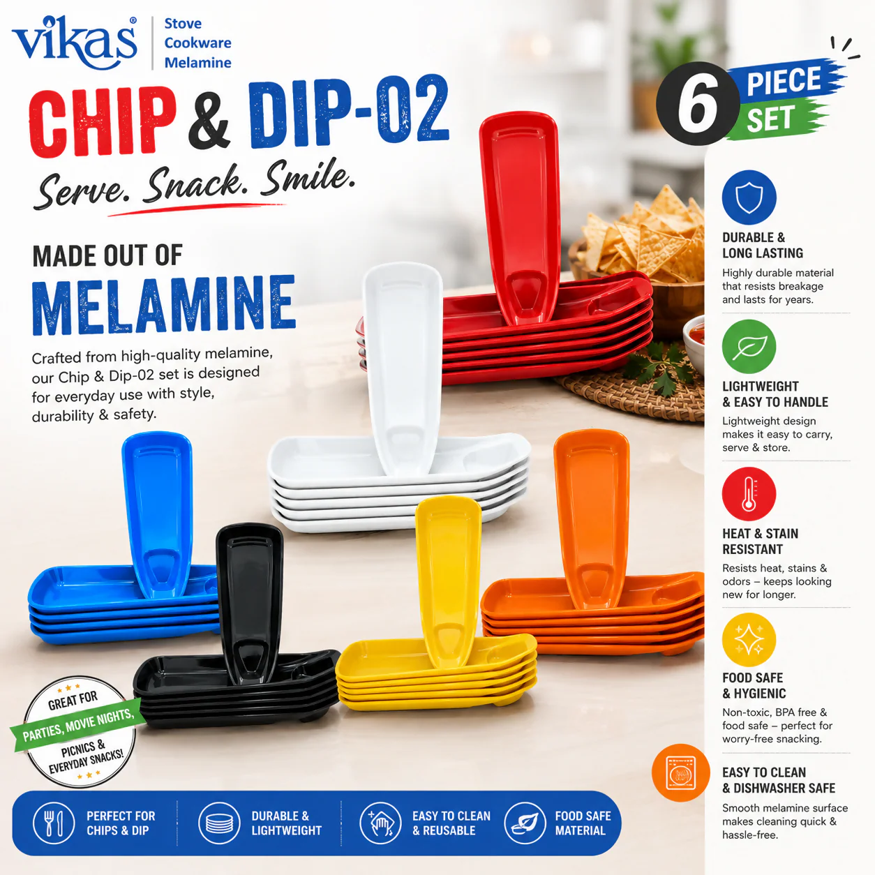 Melamine Chip & Dip Serving Tray Set – Vibrant and Durable for Anytime Snacking