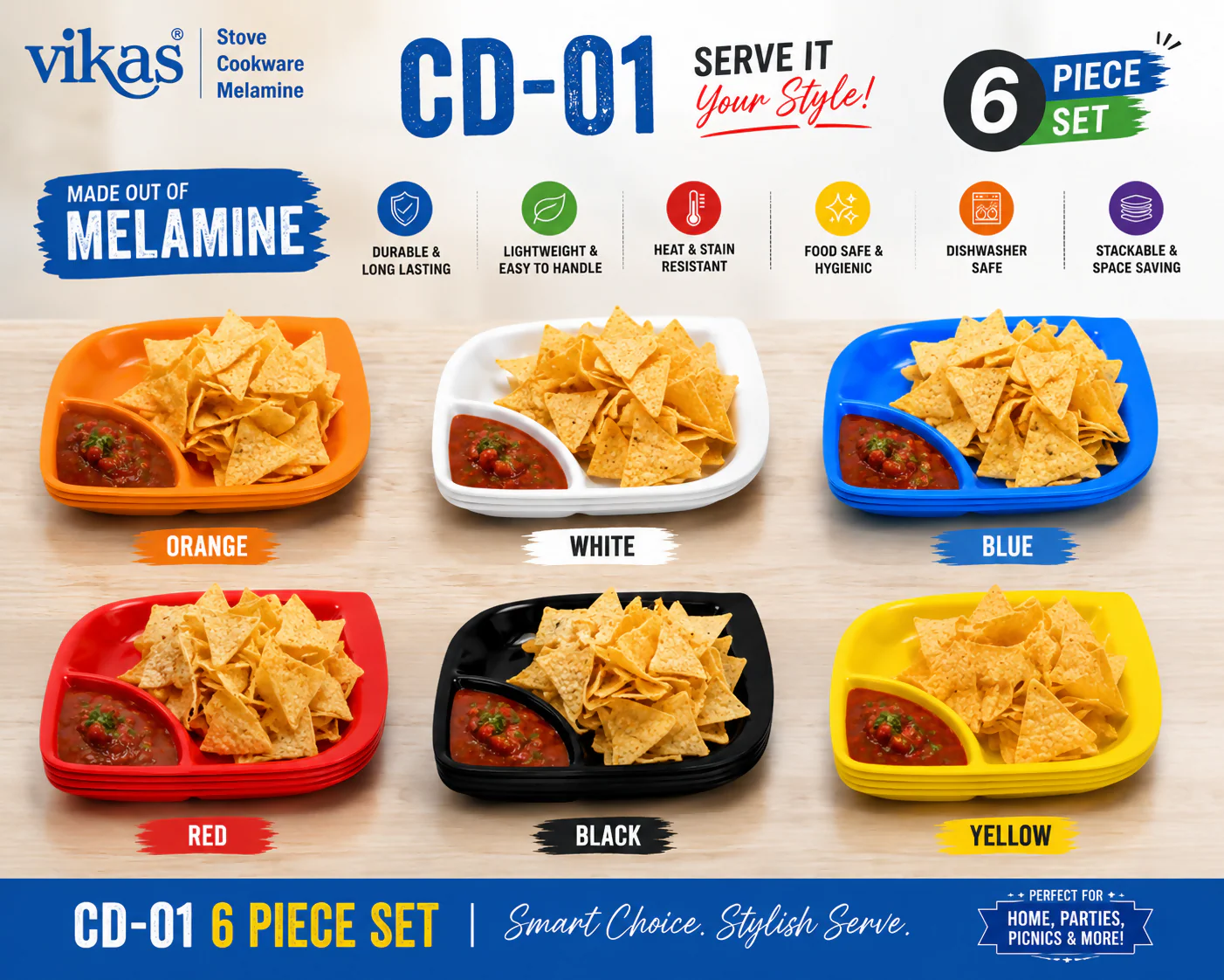 Melamine Chip & Dip Serving Tray Set – Vibrant and Durable for Anytime Snacking - Image 3