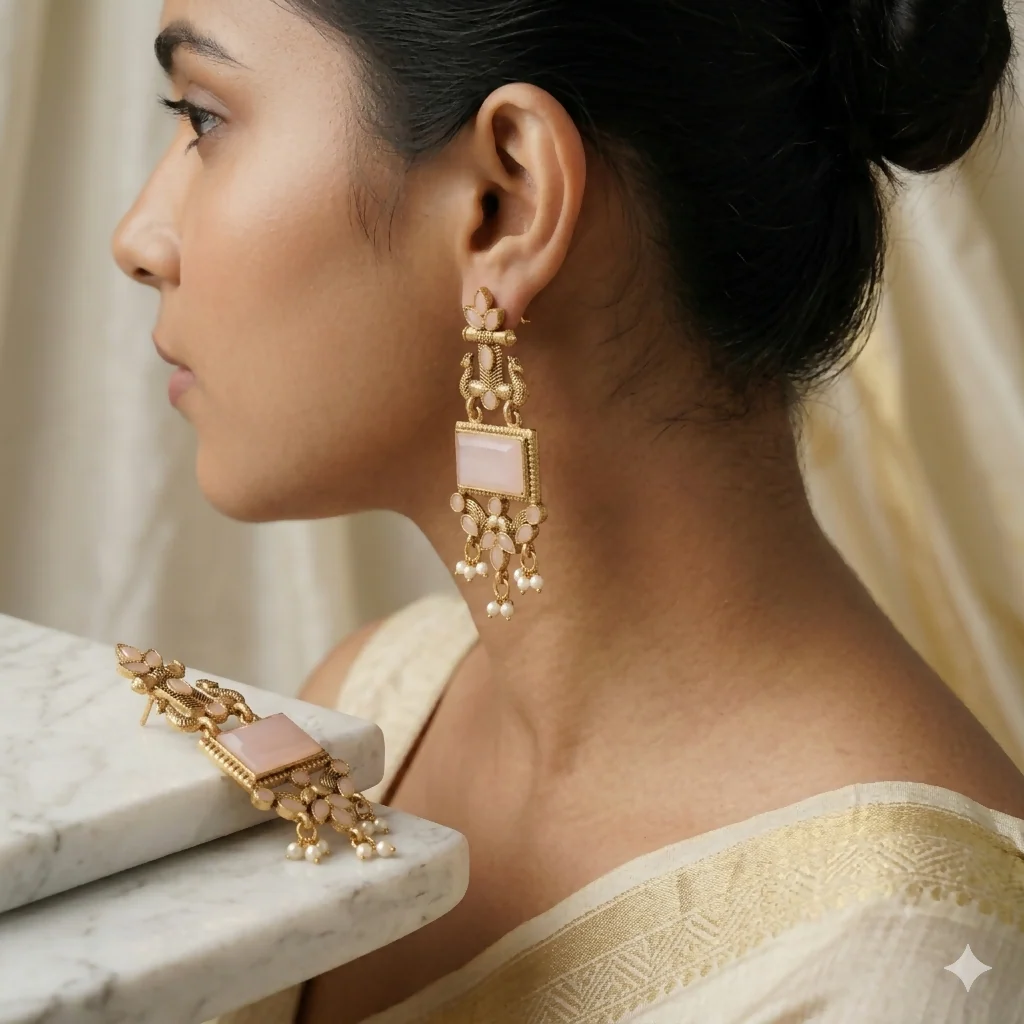 Oxidised Chandbali Earrings – Pink Stone Peacock Design for Women - Image 2