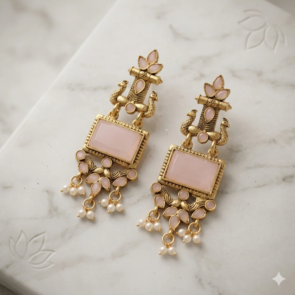 Oxidised Chandbali Earrings – Pink Stone Peacock Design for Women - Image 3