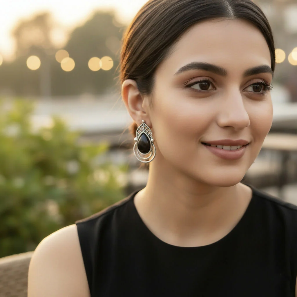 Oxidized Silver Boho Earrings – Intricate Leaf Design and Teardrop - Image 3