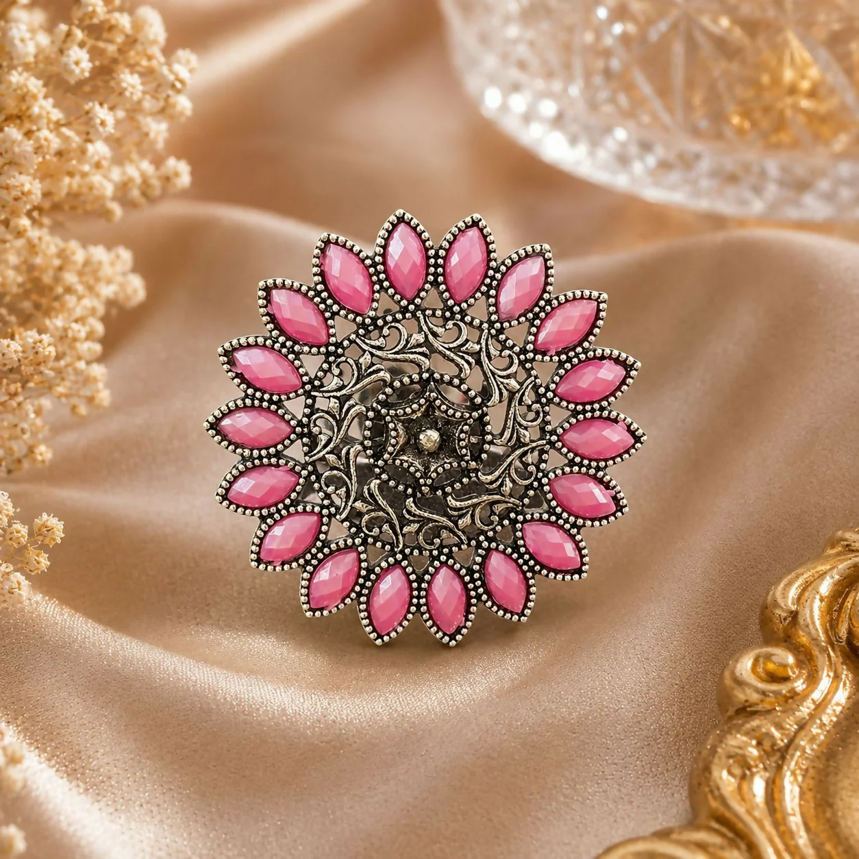 Vintage Pink Stone Floral Statement Ring for Women | Antique Party Jewellery - Image 2