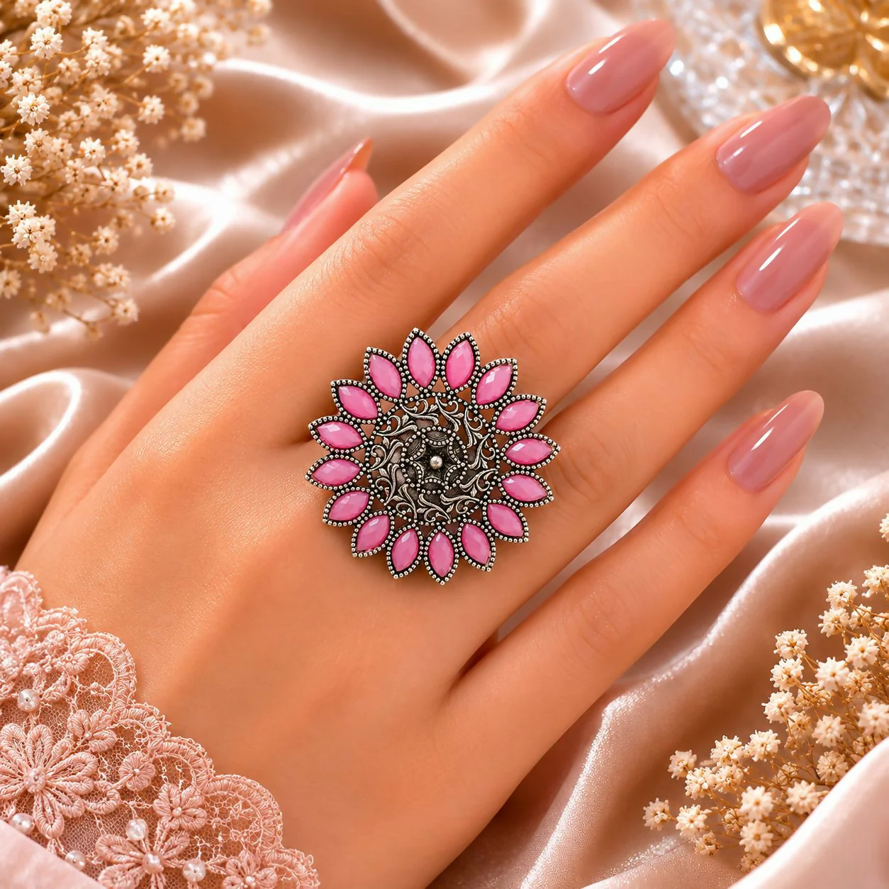 Vintage Pink Stone Floral Statement Ring for Women | Antique Party Jewellery - Image 3