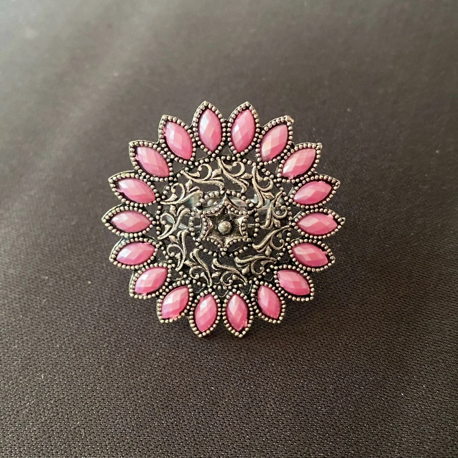 Vintage Pink Stone Floral Statement Ring for Women | Antique Party Jewellery - Image 4