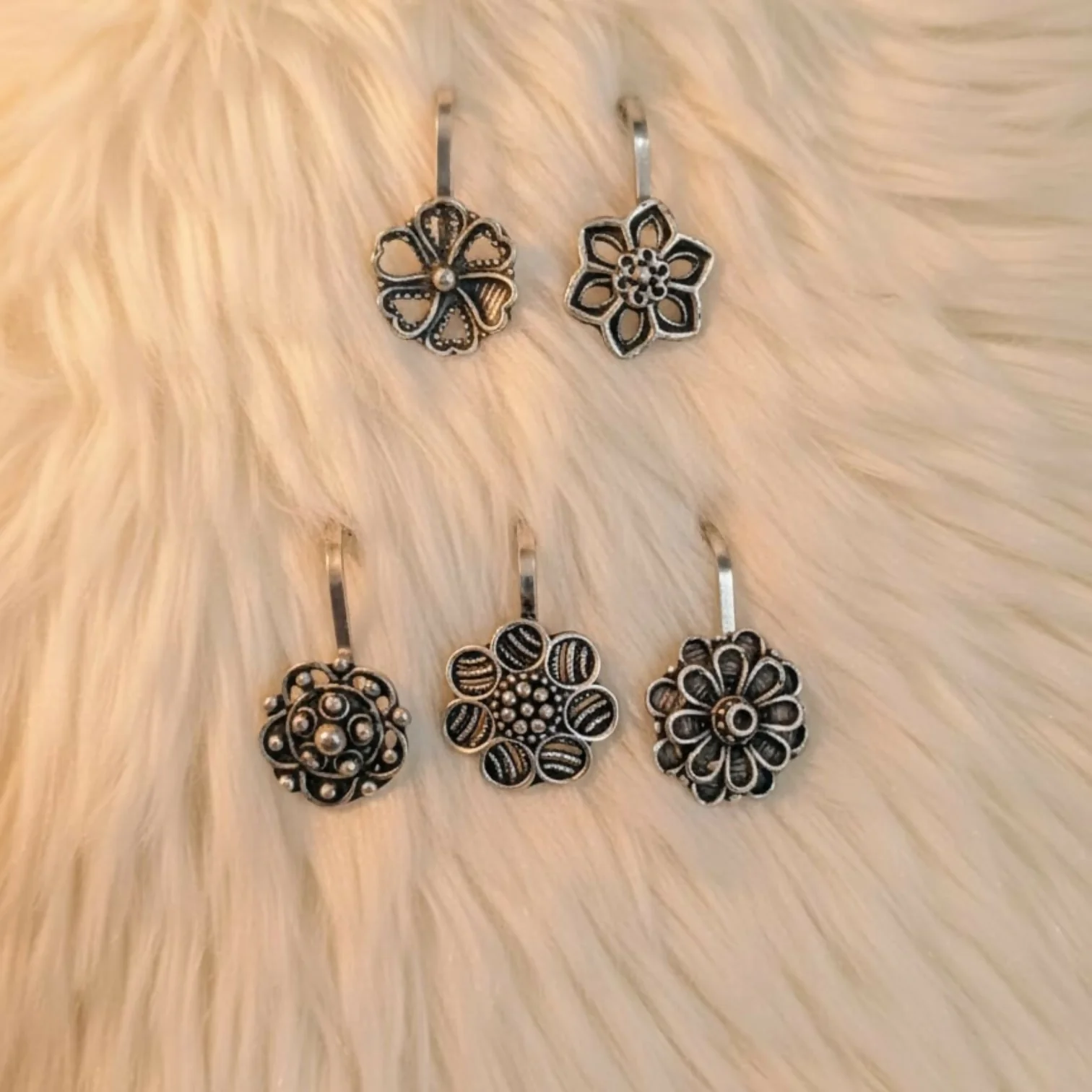 Oxidized Silver Flower Nose Pins – Set of 5 for Women - Image 3